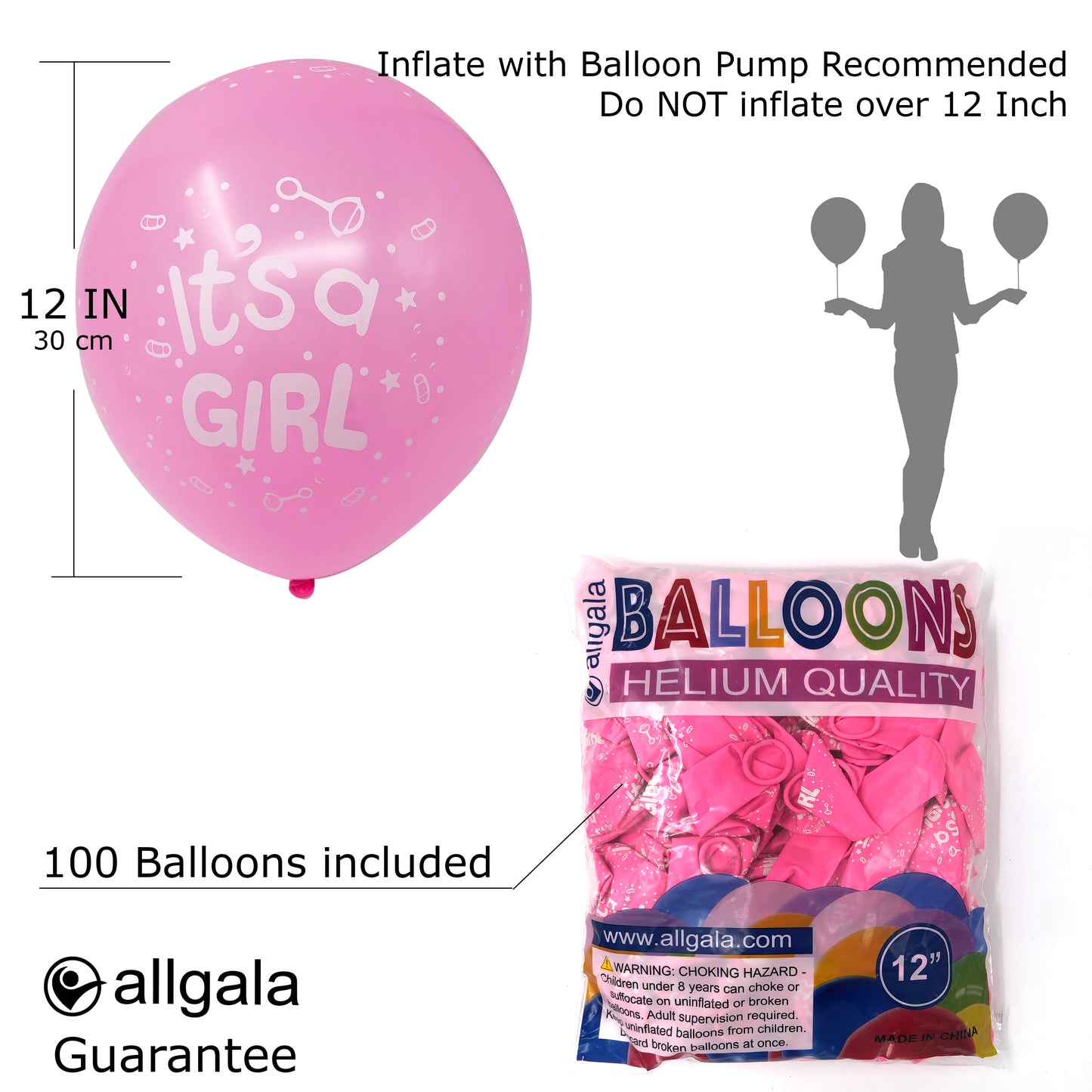 Allgala Balloons "It's a Girl" 12" 100 Count Helium Grade Premium Printed Latex Balloons