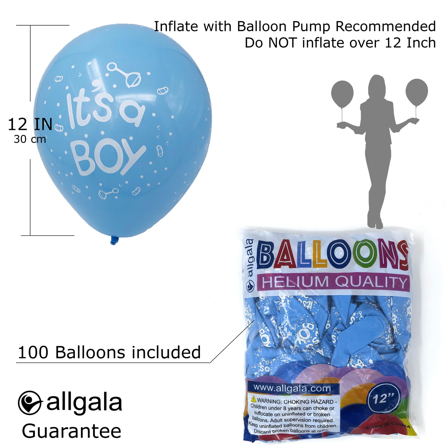 Allgala Balloons "It's a boy" 12" 100 Count Helium Grade Premium Printed Latex Balloons