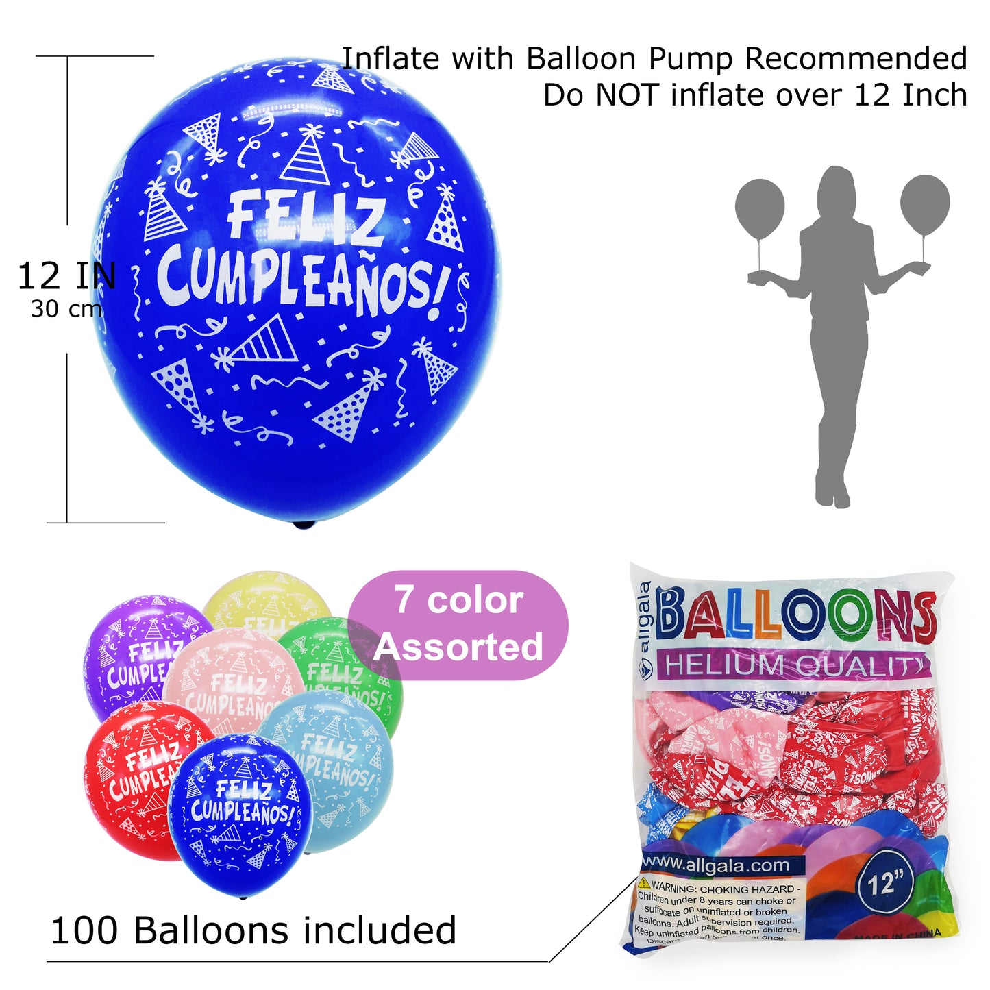 Allgala Balloons ""Feliz Cumpleaños"" 12" 100 Count Helium Grade Premium Printed Latex Balloons