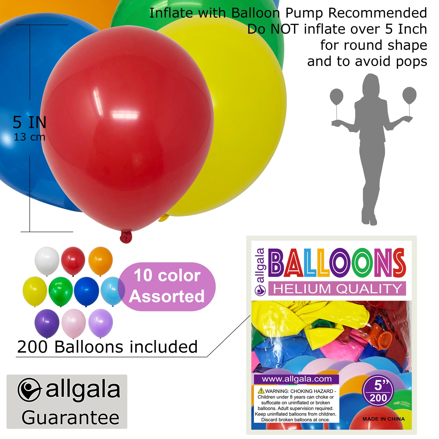 Allgala Balloons 5" 200 Count Helium Grade Premium Latex Balloons