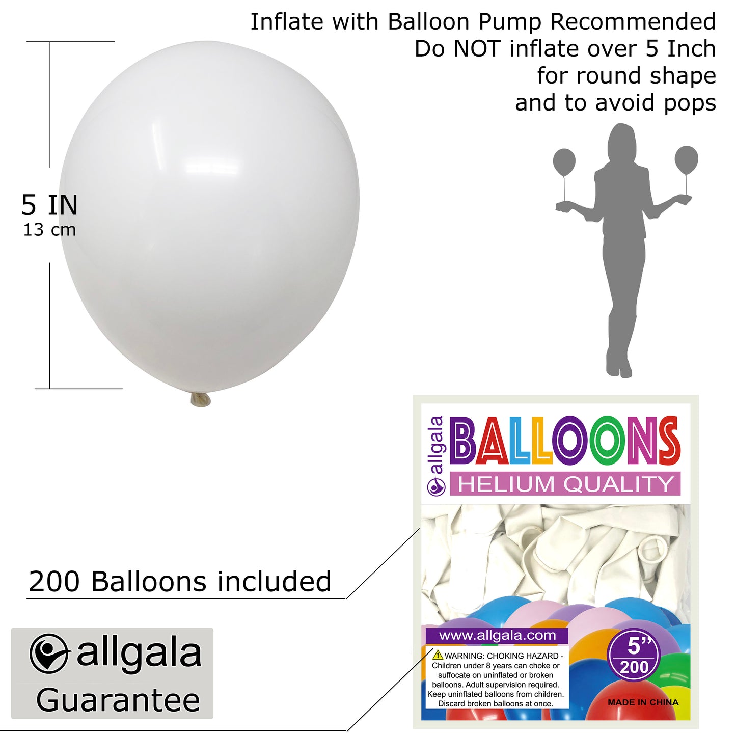 Allgala Balloons 5" 200 Count Helium Grade Premium Latex Balloons