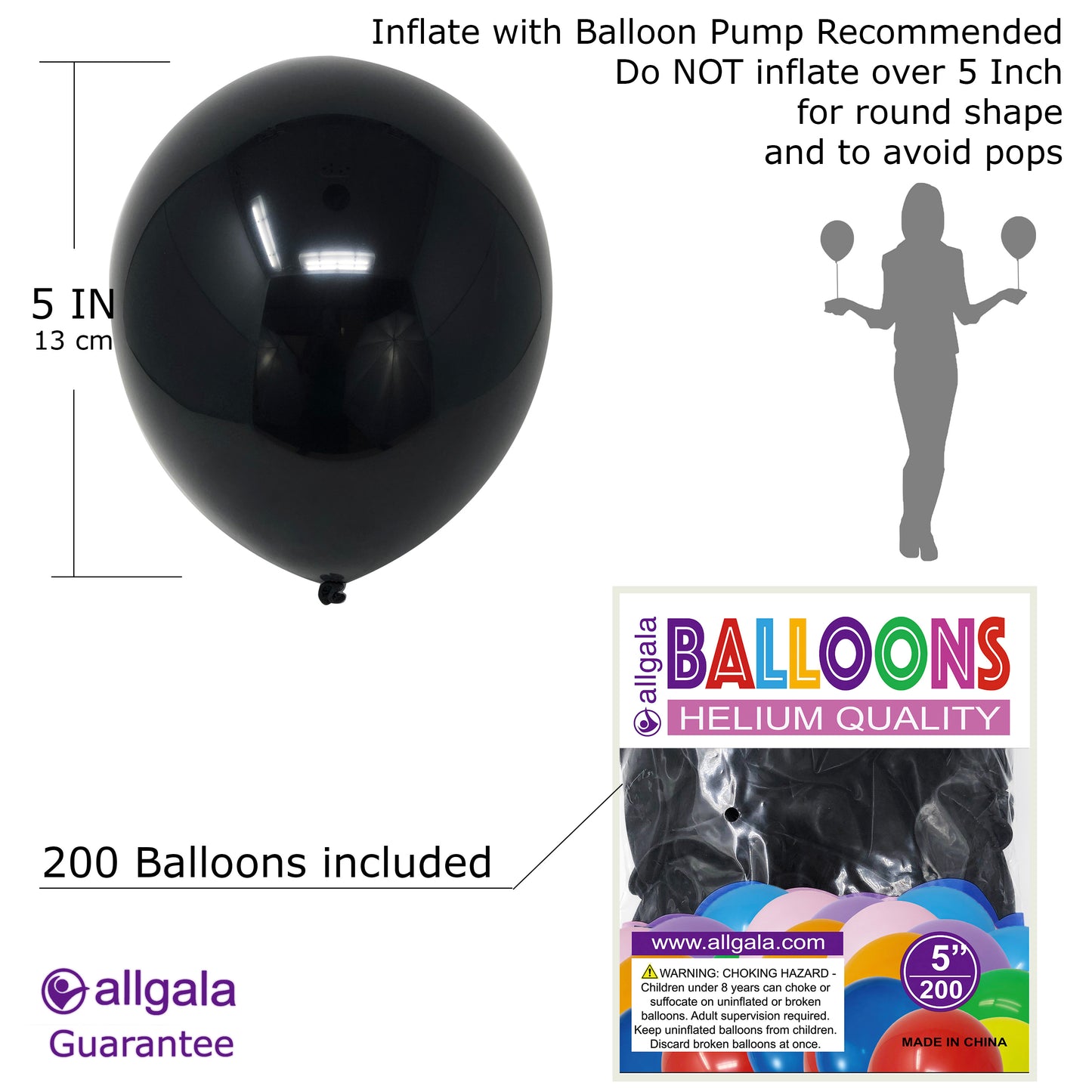 Allgala Balloons 5" 200 Count Helium Grade Premium Latex Balloons