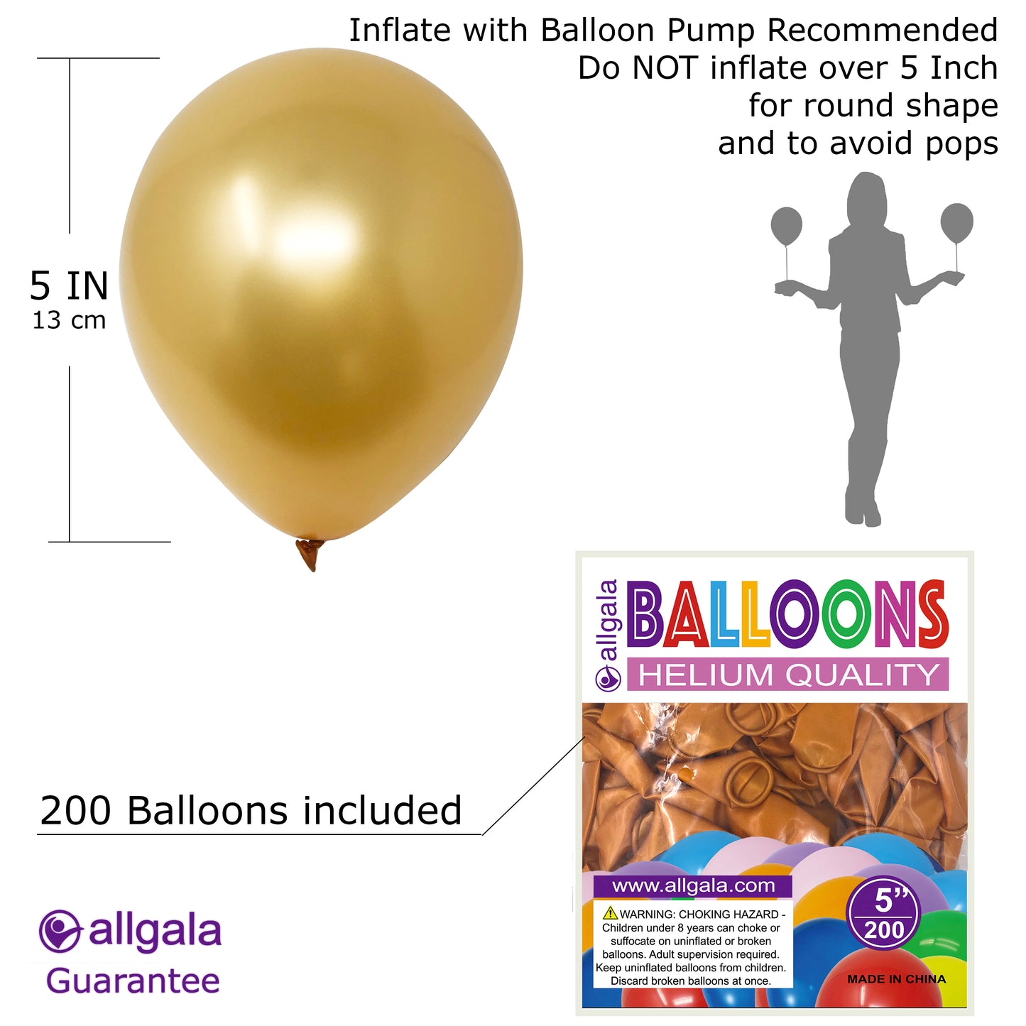 Allgala Balloons 5" 200 Count Helium Grade Premium Latex Balloons