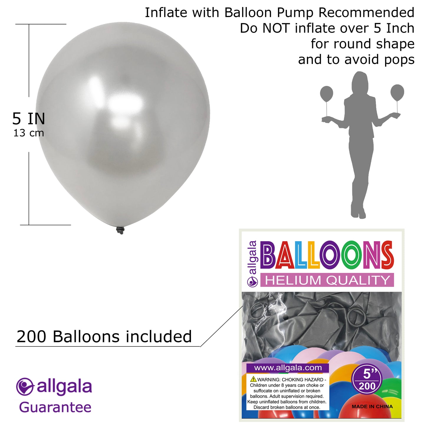 Allgala Balloons 5" 200 Count Helium Grade Premium Latex Balloons