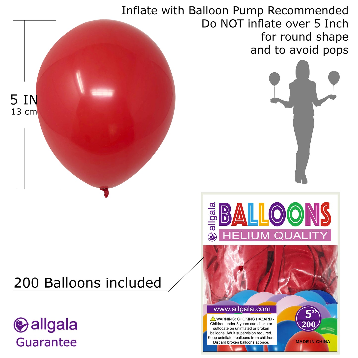 Allgala Balloons 5" 200 Count Helium Grade Premium Latex Balloons