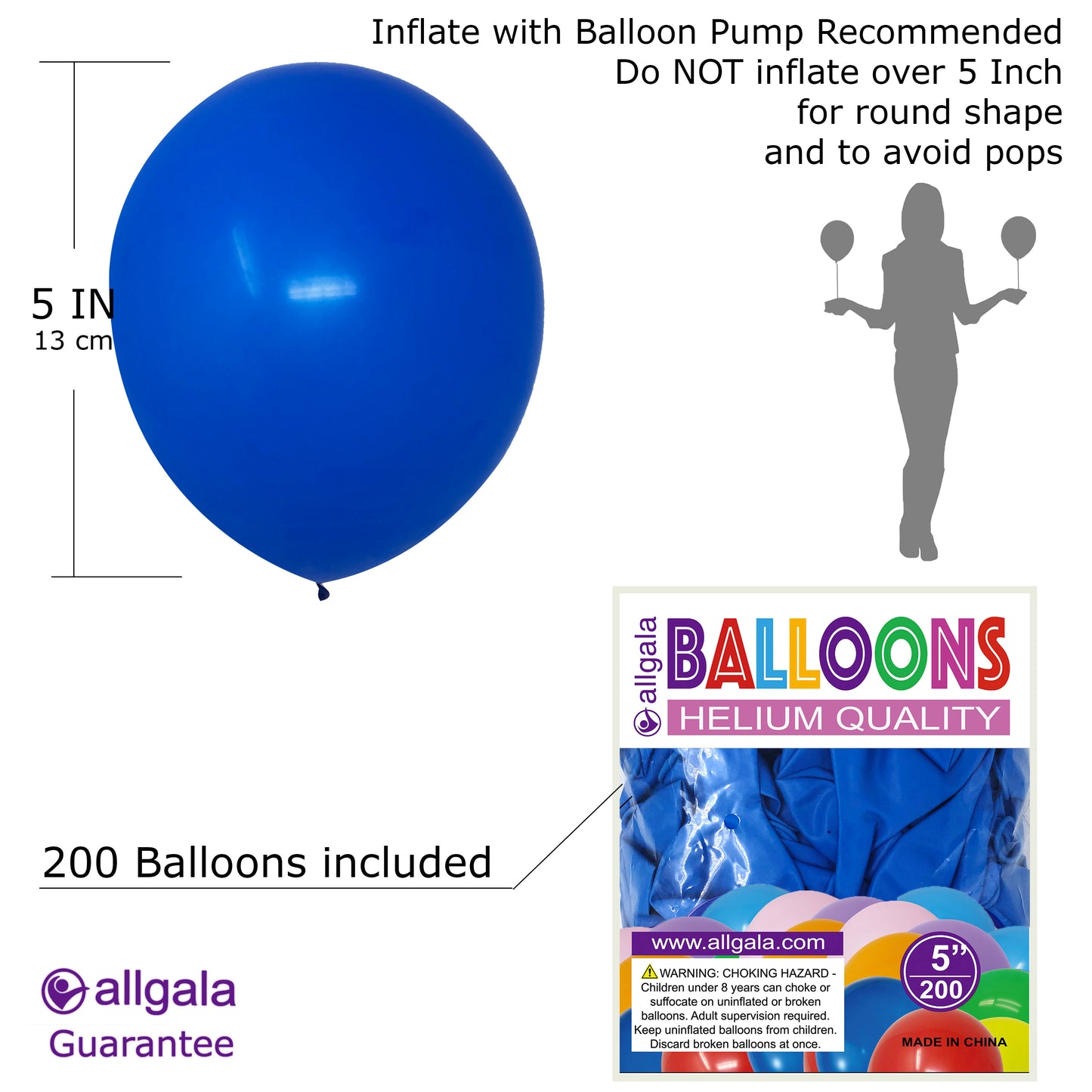 Allgala Balloons 5" 200 Count Helium Grade Premium Latex Balloons