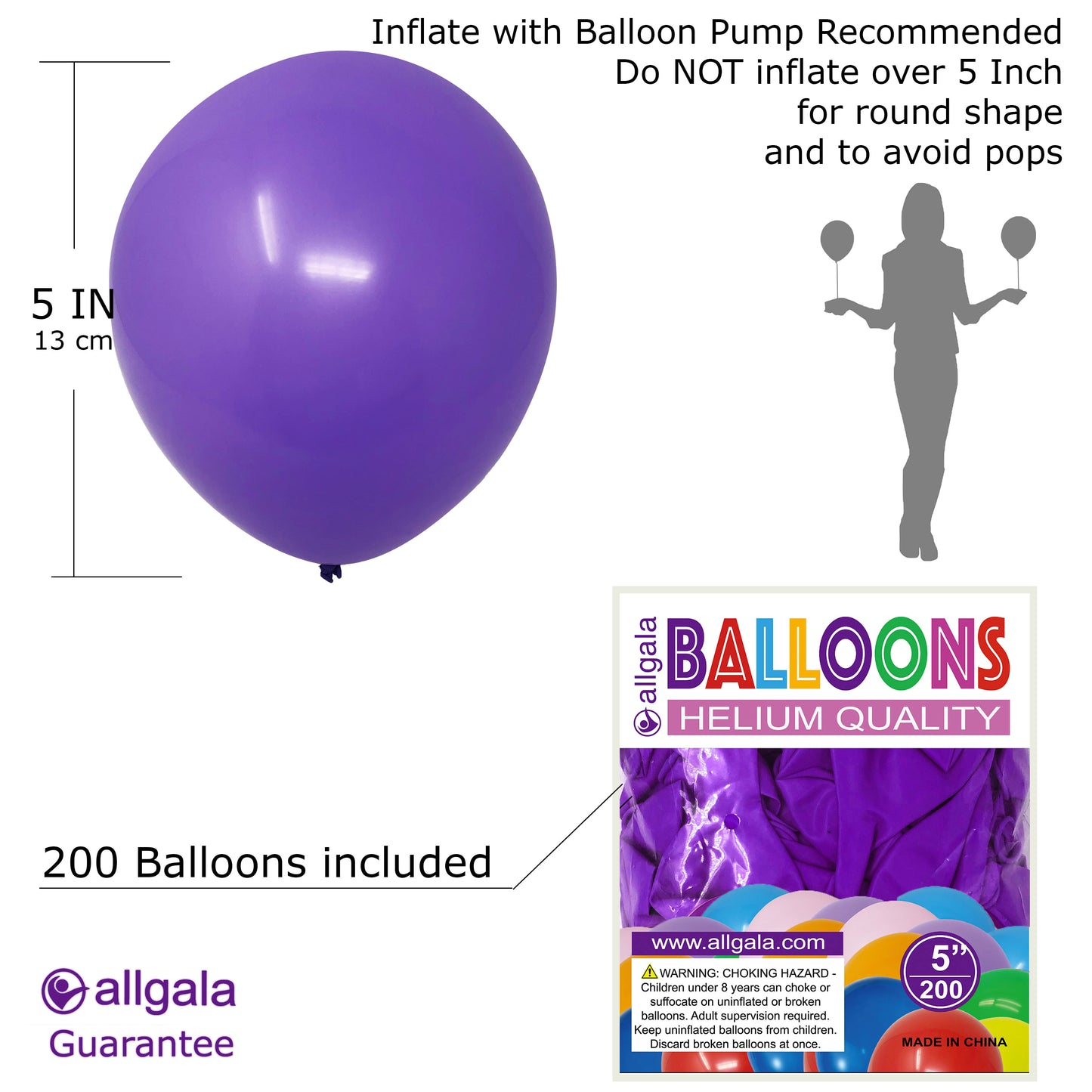 Allgala Balloons 5" 200 Count Helium Grade Premium Latex Balloons