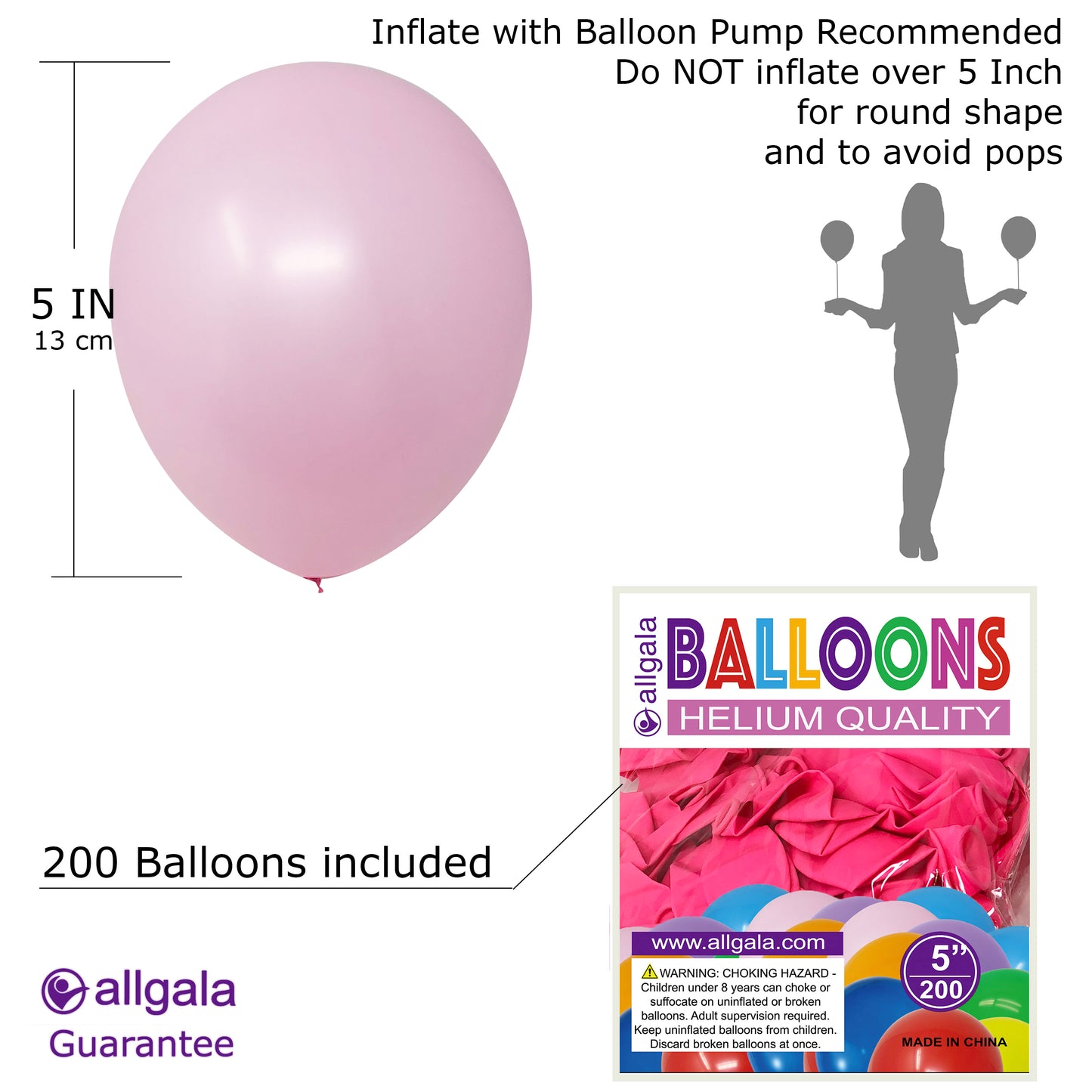 Allgala Balloons 5" 200 Count Helium Grade Premium Latex Balloons