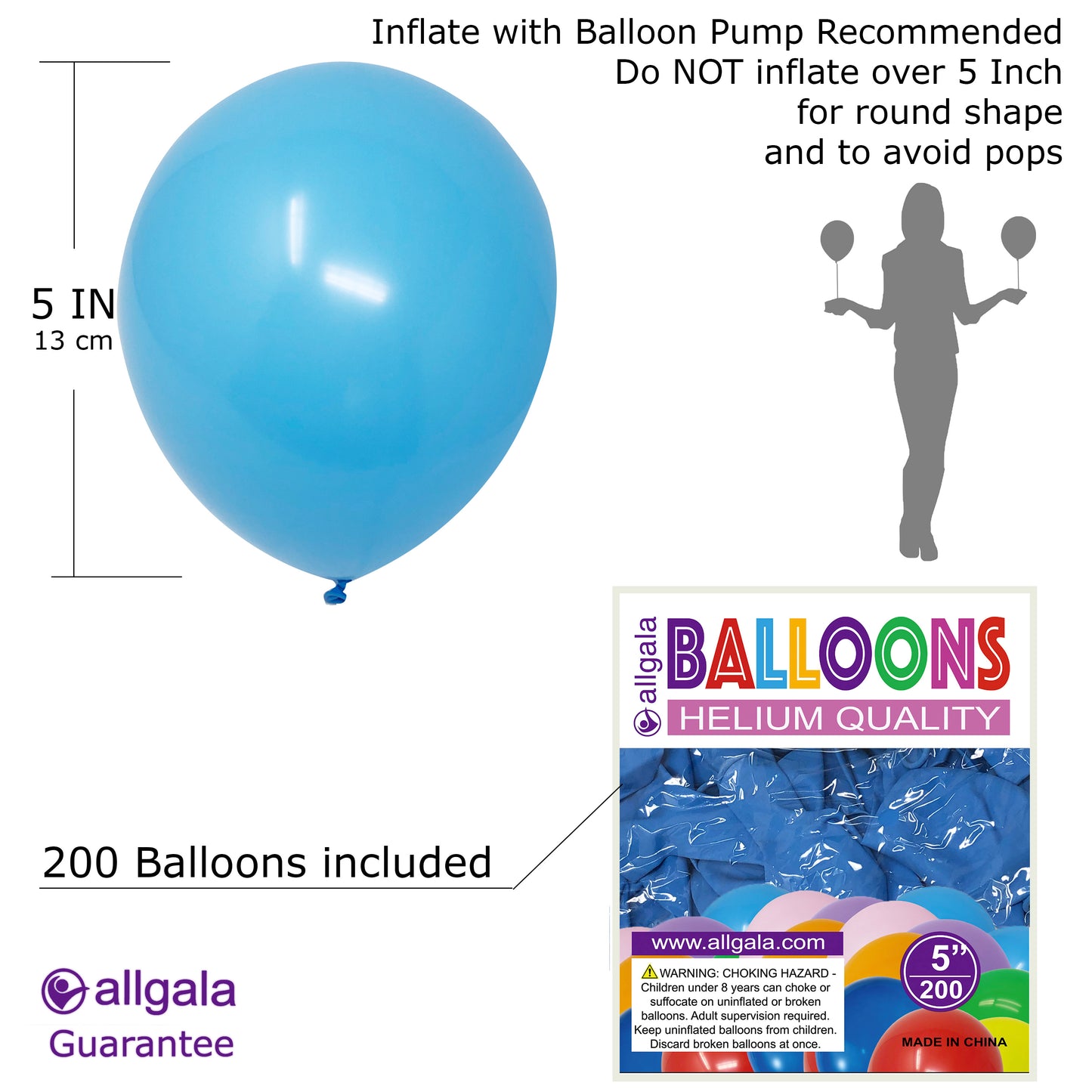 Allgala Balloons 5" 200 Count Helium Grade Premium Latex Balloons