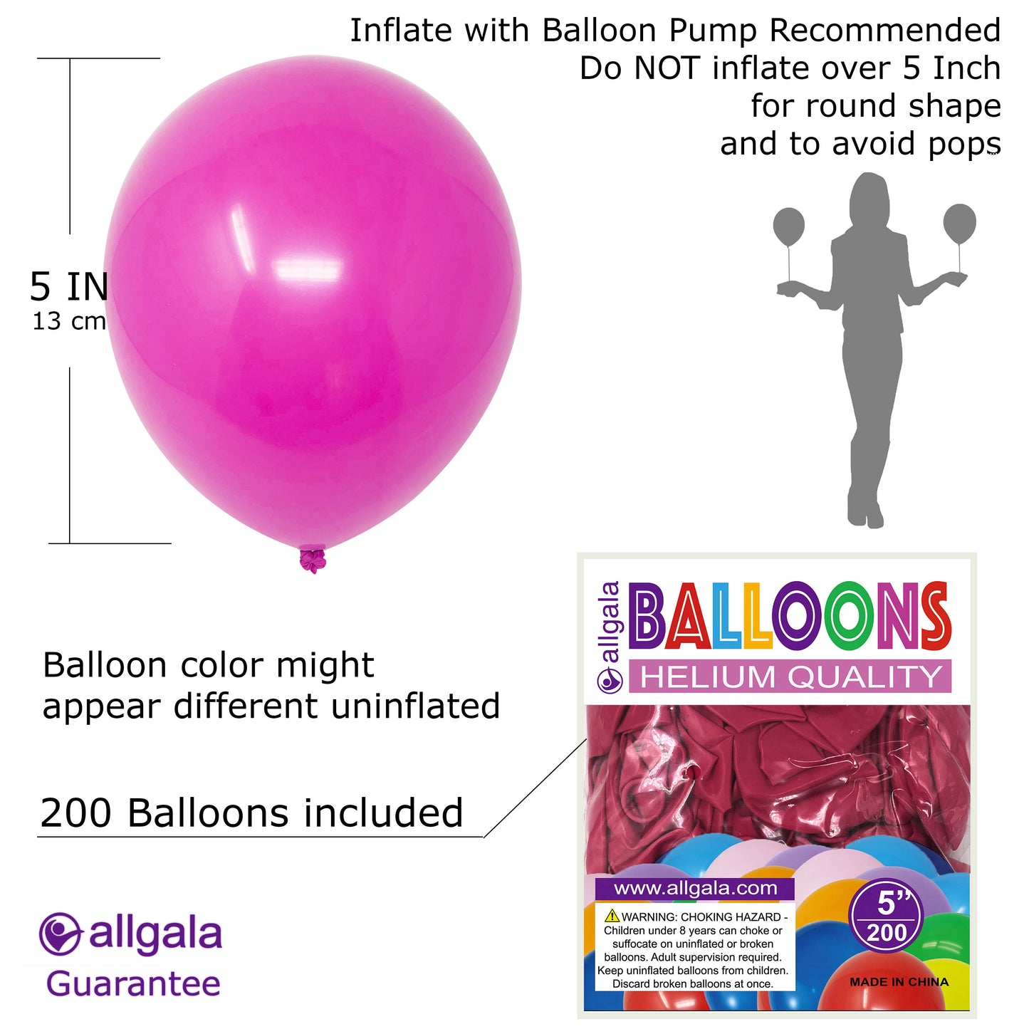 Allgala Balloons 5" 200 Count Helium Grade Premium Latex Balloons