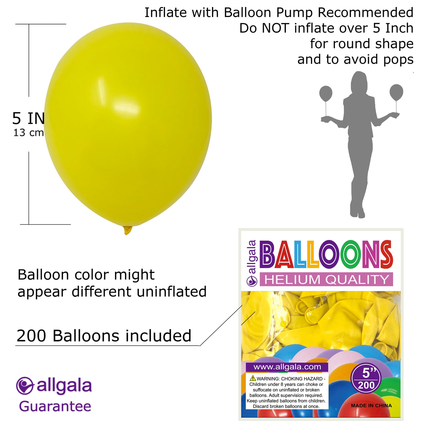 Allgala Balloons 5" 200 Count Helium Grade Premium Latex Balloons