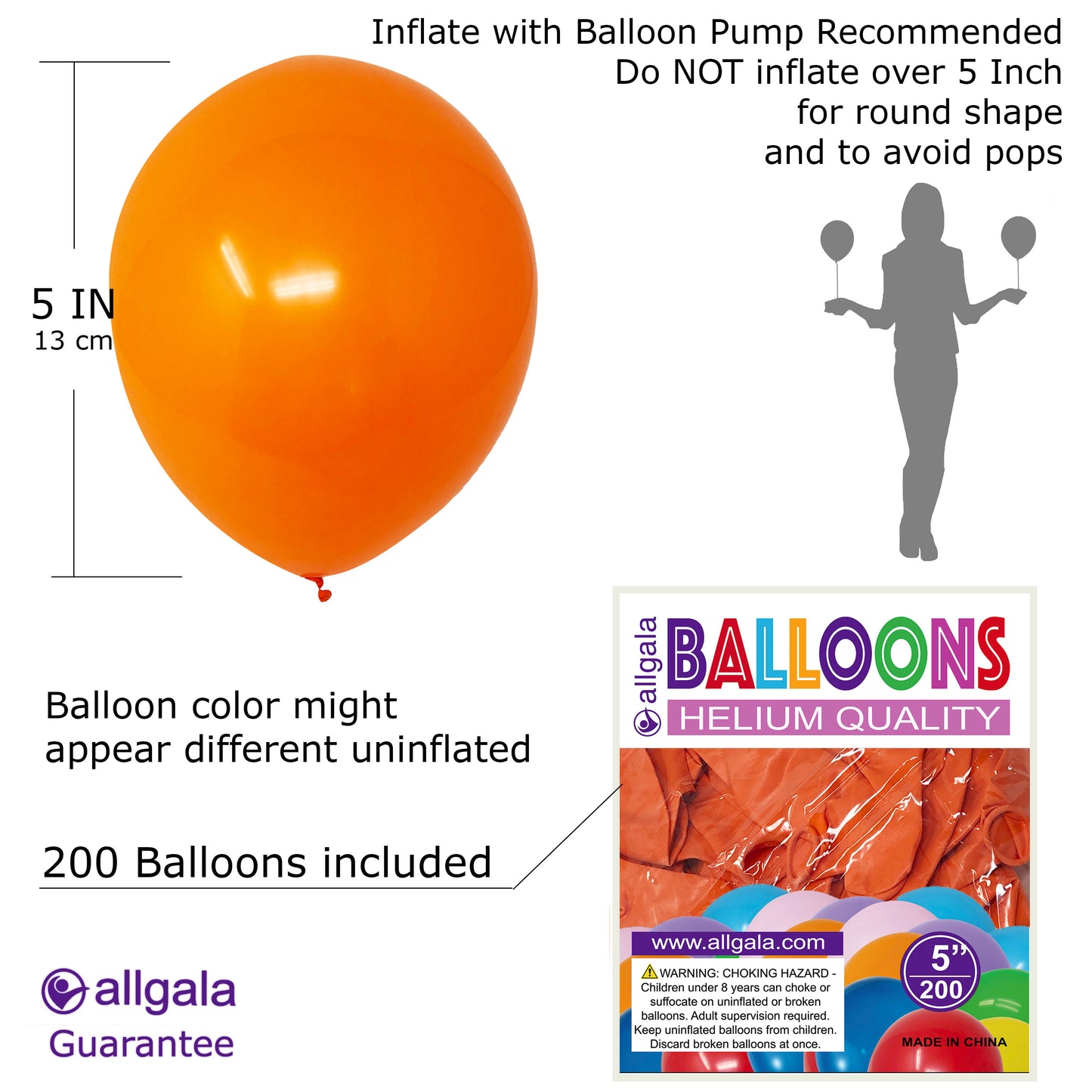 Allgala Balloons 5" 200 Count Helium Grade Premium Latex Balloons