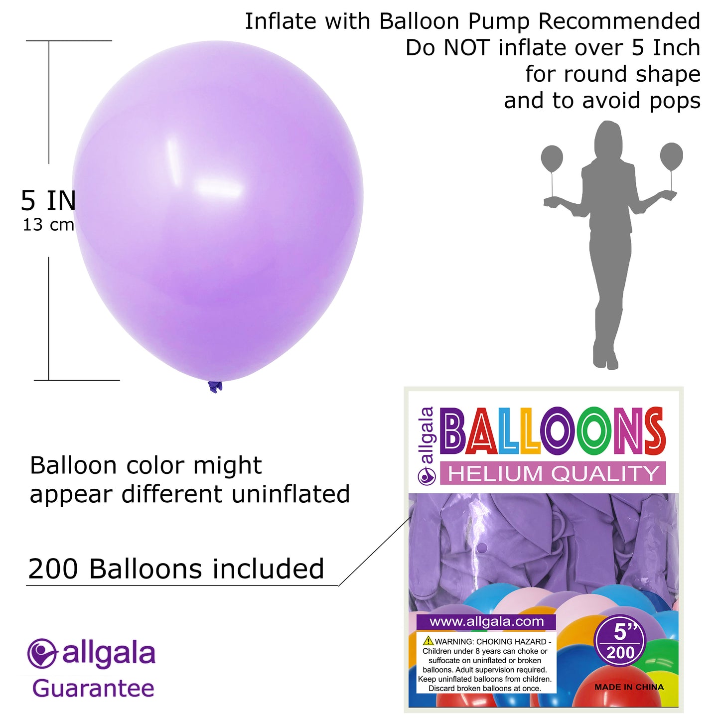 Allgala Balloons 5" 200 Count Helium Grade Premium Latex Balloons