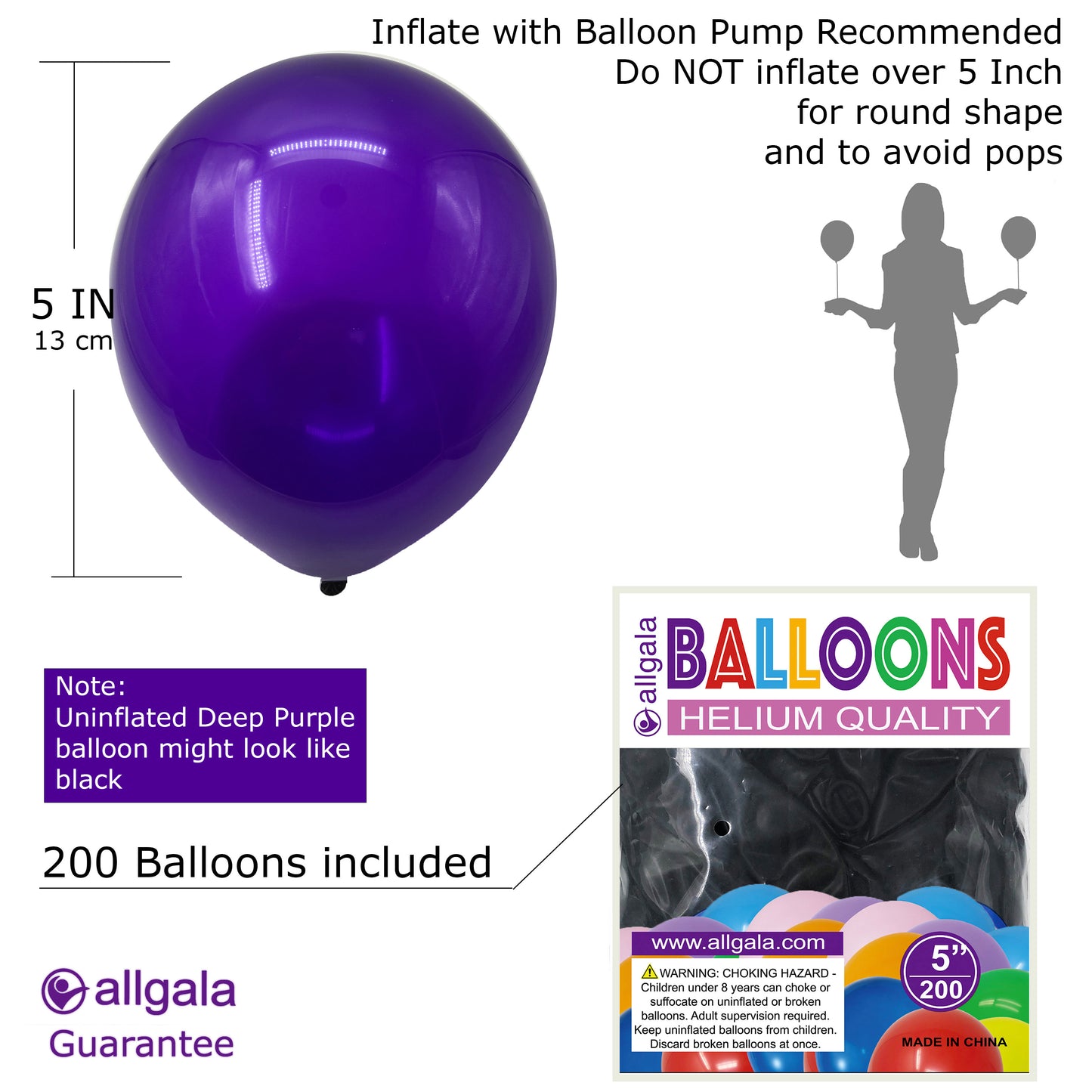 Allgala Balloons 5" 200 Count Helium Grade Premium Latex Balloons