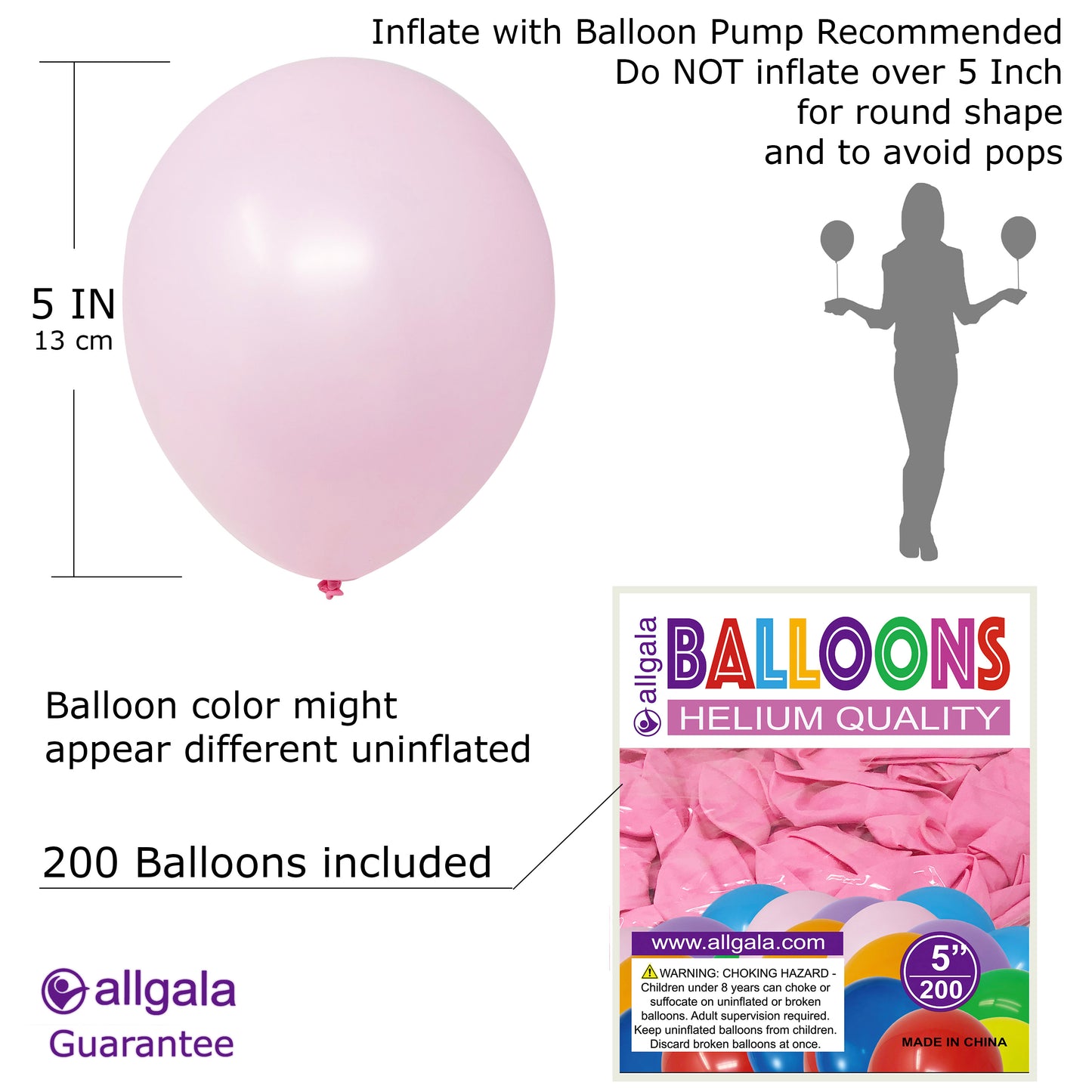 Allgala Balloons 5" 200 Count Helium Grade Premium Latex Balloons