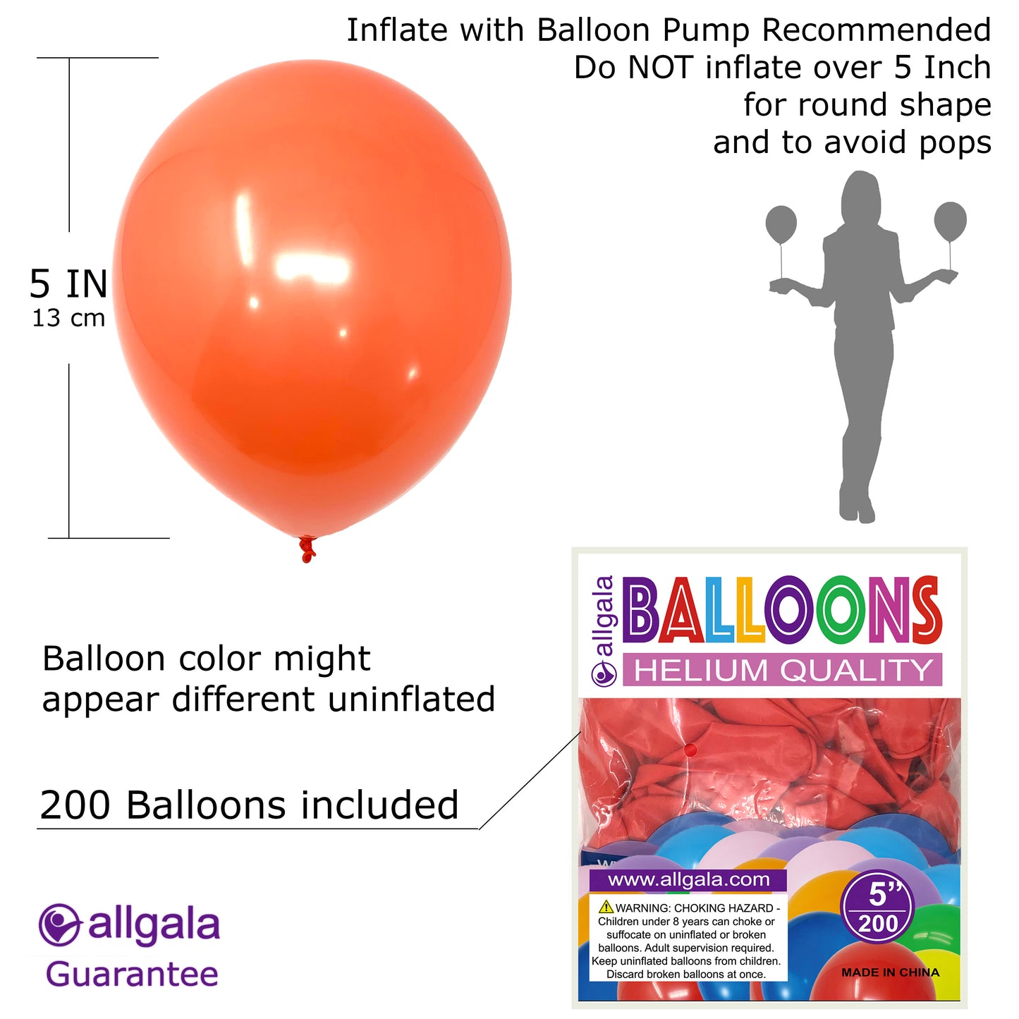 Allgala Balloons 5" 200 Count Helium Grade Premium Latex Balloons