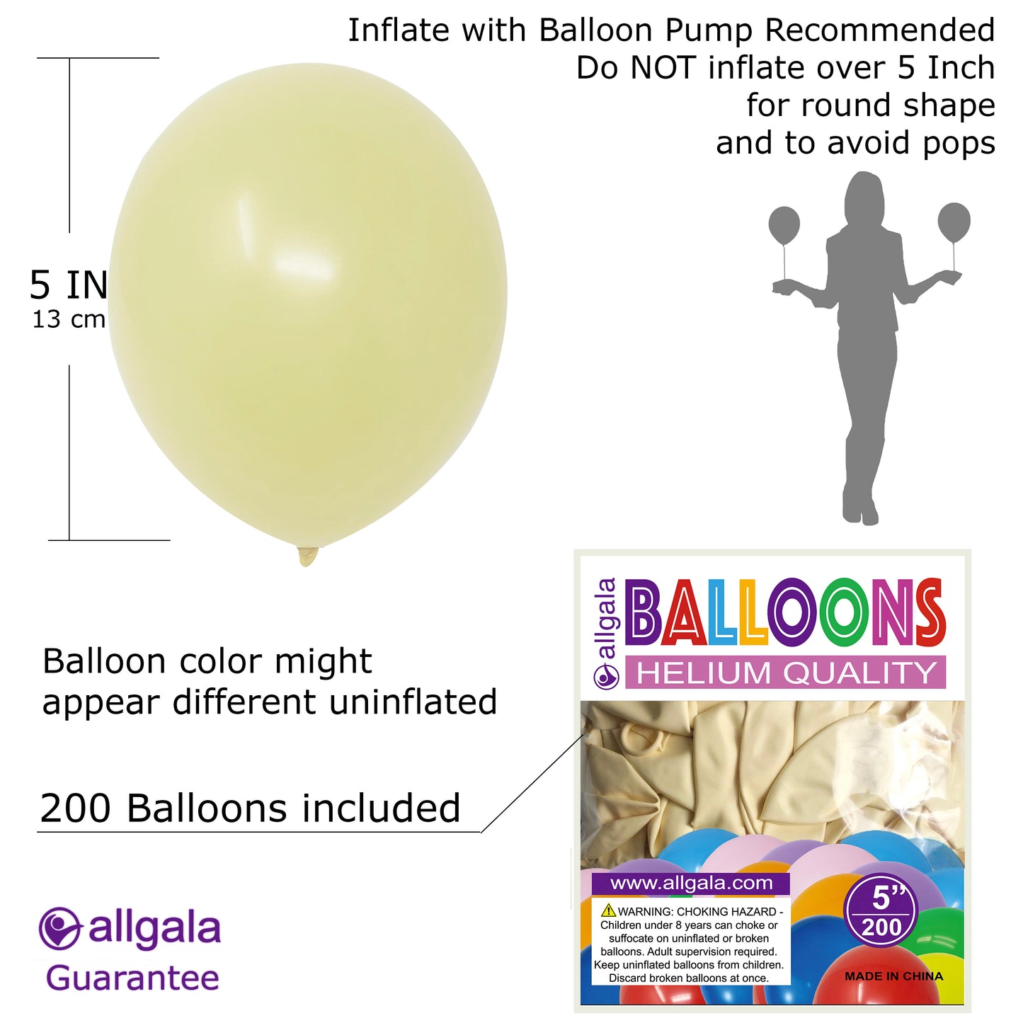 Allgala Balloons 5" 200 Count Helium Grade Premium Latex Balloons