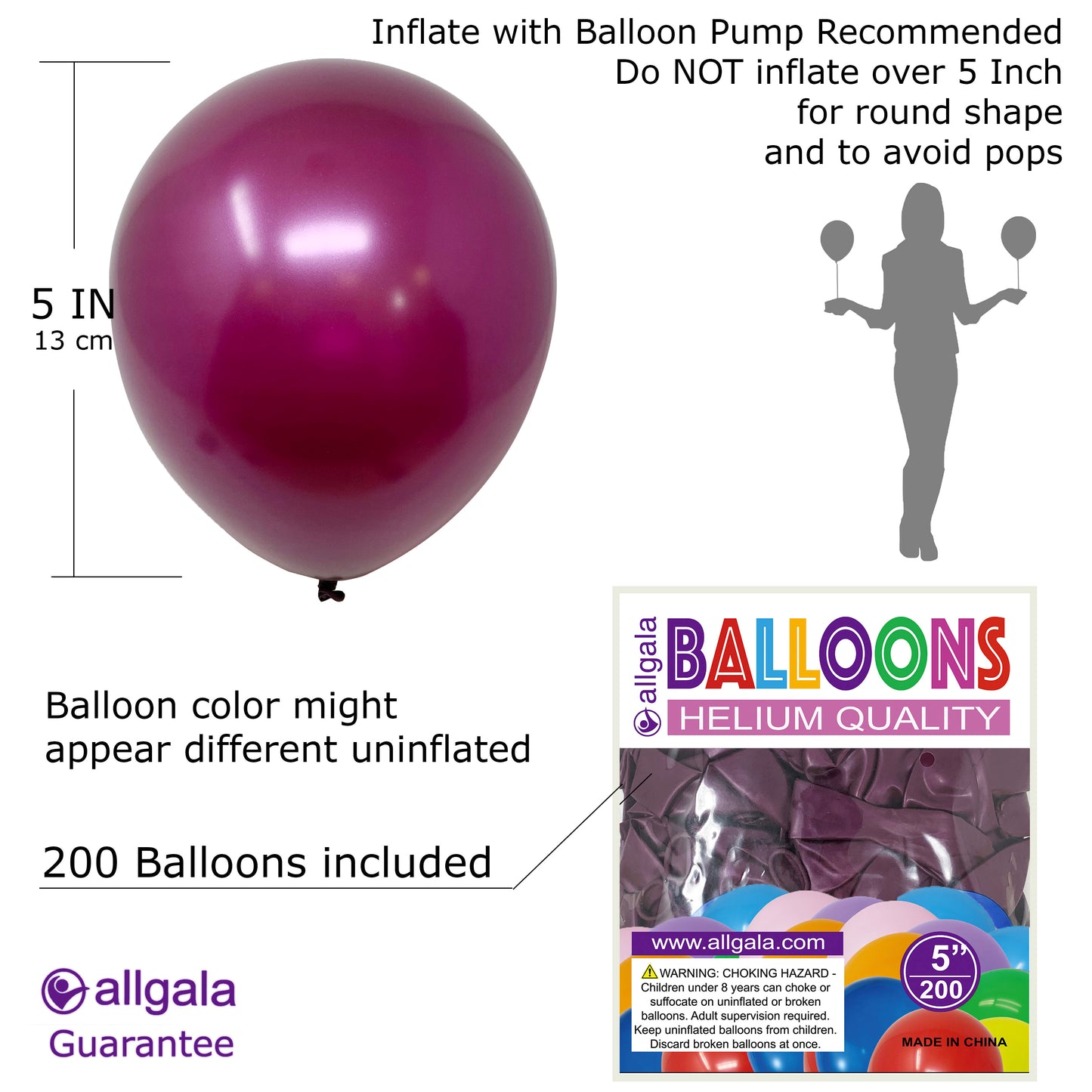 Allgala Balloons 5" 200 Count Helium Grade Premium Latex Balloons