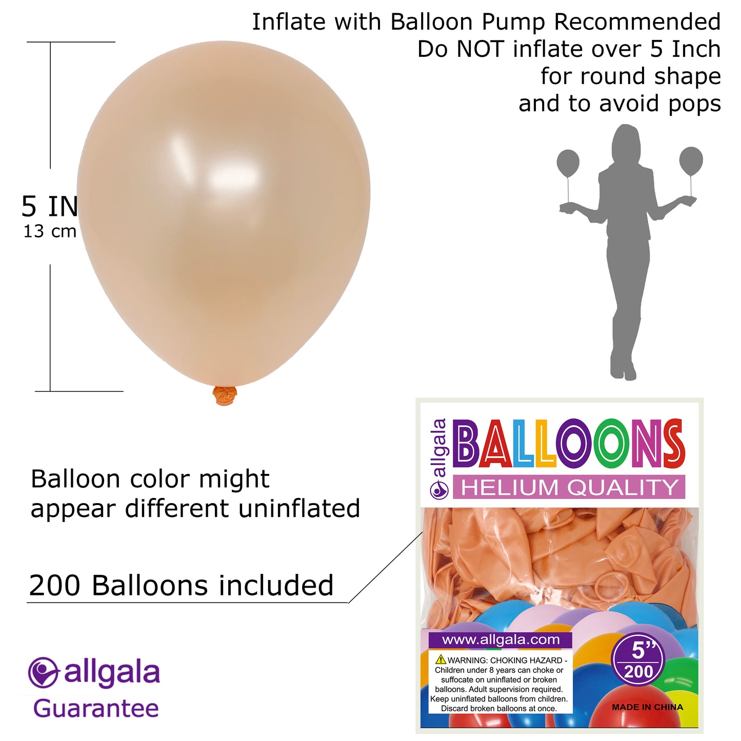 Allgala Balloons 5" 200 Count Helium Grade Premium Latex Balloons
