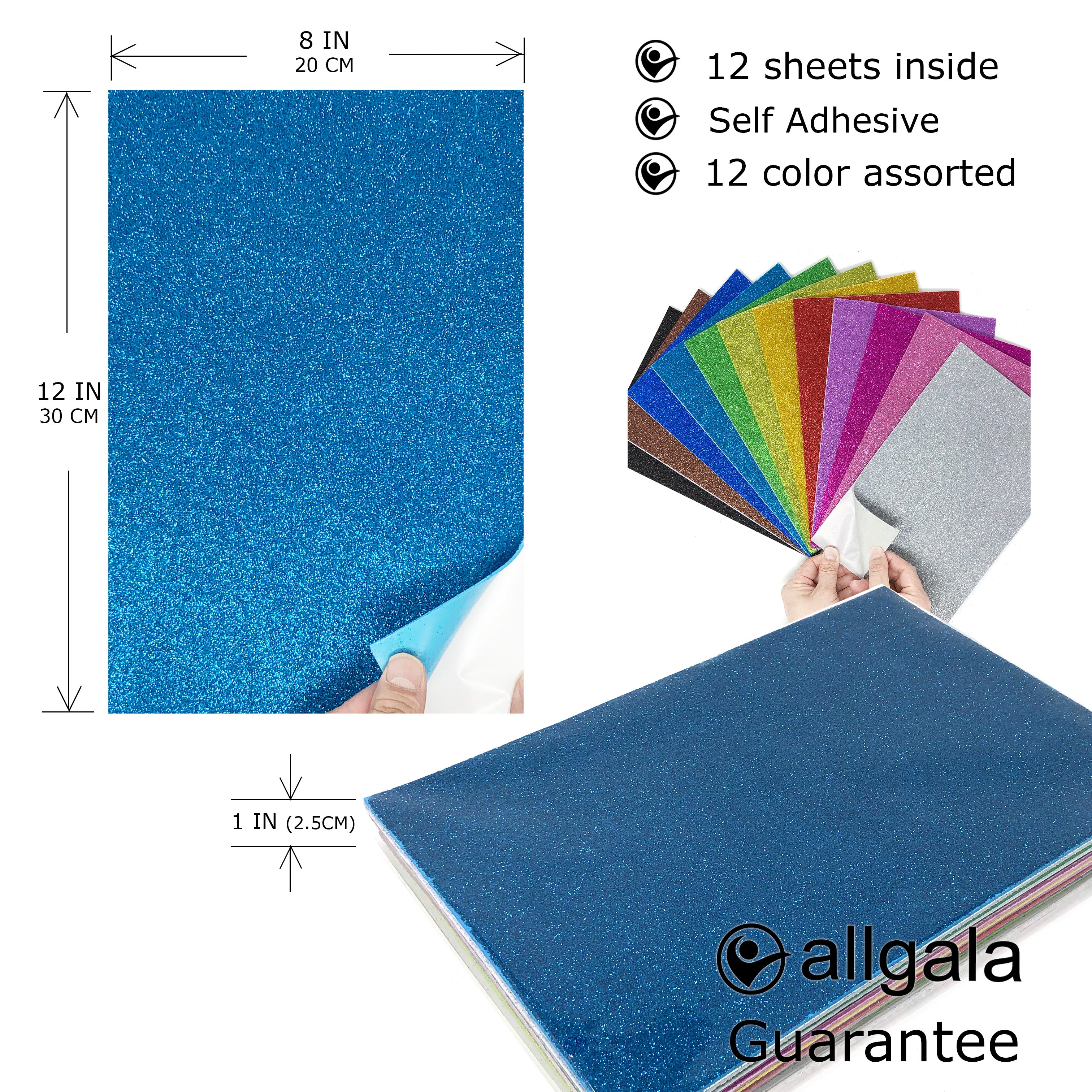 Allgala Foam Sheet Self Adhesive 12 Pack Glitter EVA Foam Paper 8