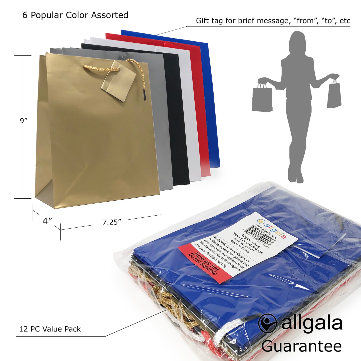 Allgala Gift Bags 12PK Value Premium 9" Medium 157GSM Art Paper Solid Color Paper Gift Bags with Matte Lamination