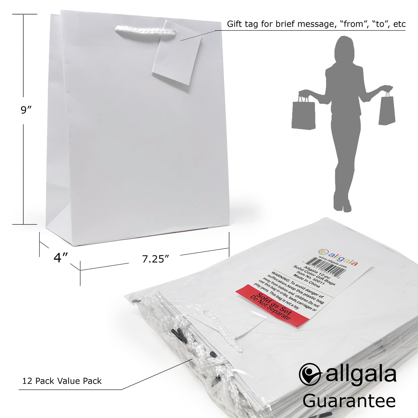 Allgala Gift Bags 12PK Value Premium 9" Medium 157GSM Art Paper Solid Color Paper Gift Bags with Matte Lamination