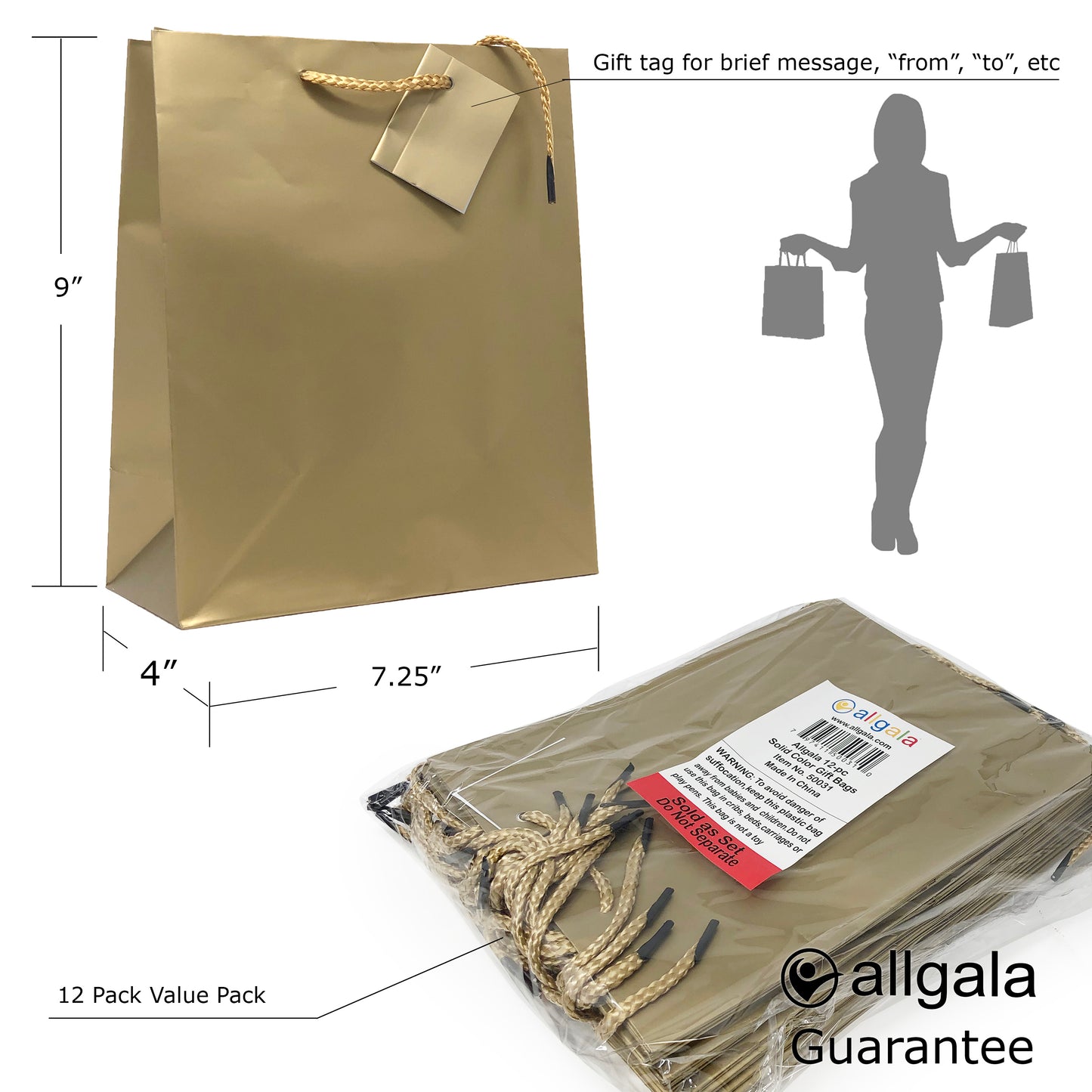 Allgala Gift Bags 12PK Value Premium 9" Medium 157GSM Art Paper Solid Color Paper Gift Bags with Matte Lamination