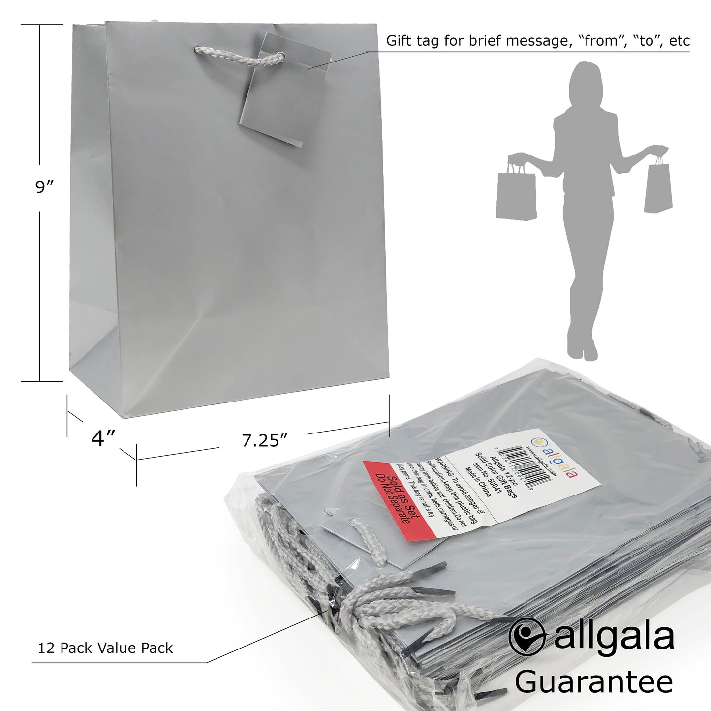 Allgala Gift Bags 12PK Value Premium 9" Medium 157GSM Art Paper Solid Color Paper Gift Bags with Matte Lamination