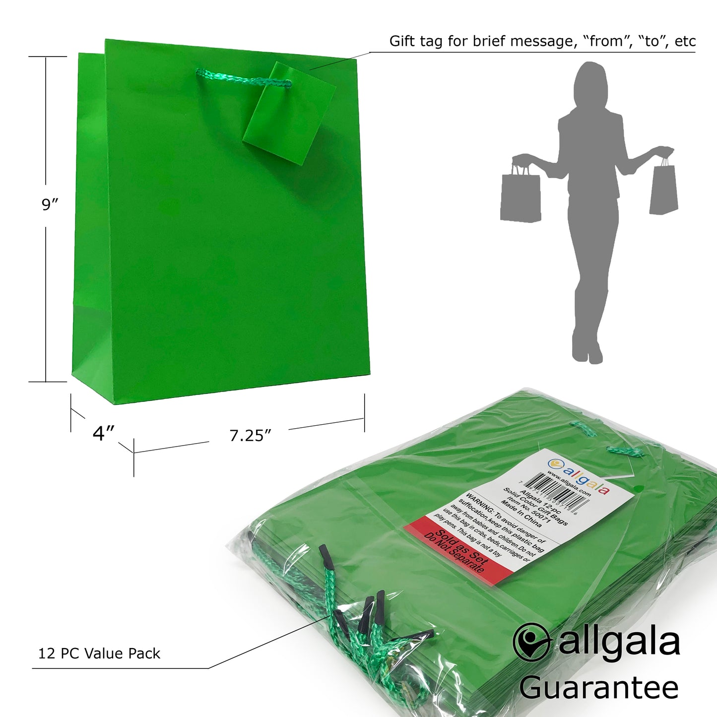 Allgala Gift Bags 12PK Value Premium 9" Medium 157GSM Art Paper Solid Color Paper Gift Bags with Matte Lamination