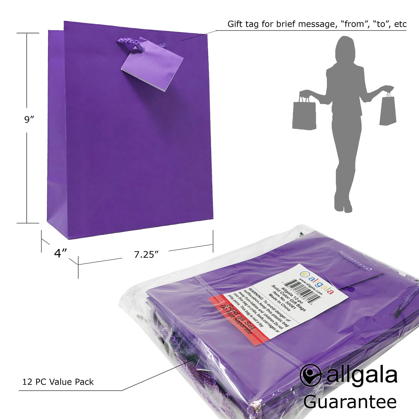 Allgala Gift Bags 12PK Value Premium 9" Medium 157GSM Art Paper Solid Color Paper Gift Bags with Matte Lamination