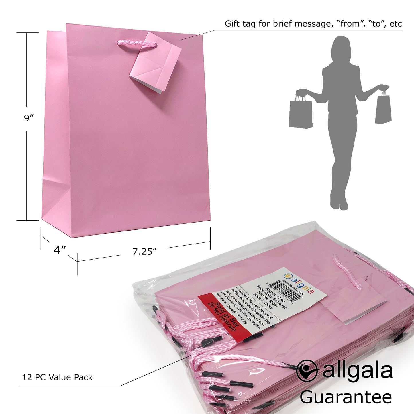 Allgala Gift Bags 12PK Value Premium 9" Medium 157GSM Art Paper Solid Color Paper Gift Bags with Matte Lamination