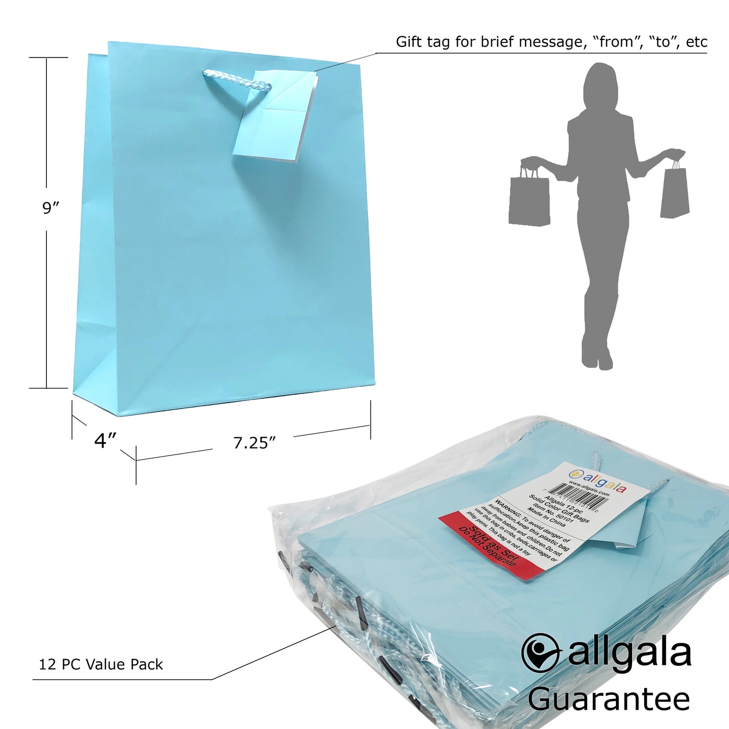 Allgala Gift Bags 12PK Value Premium 9" Medium 157GSM Art Paper Solid Color Paper Gift Bags with Matte Lamination