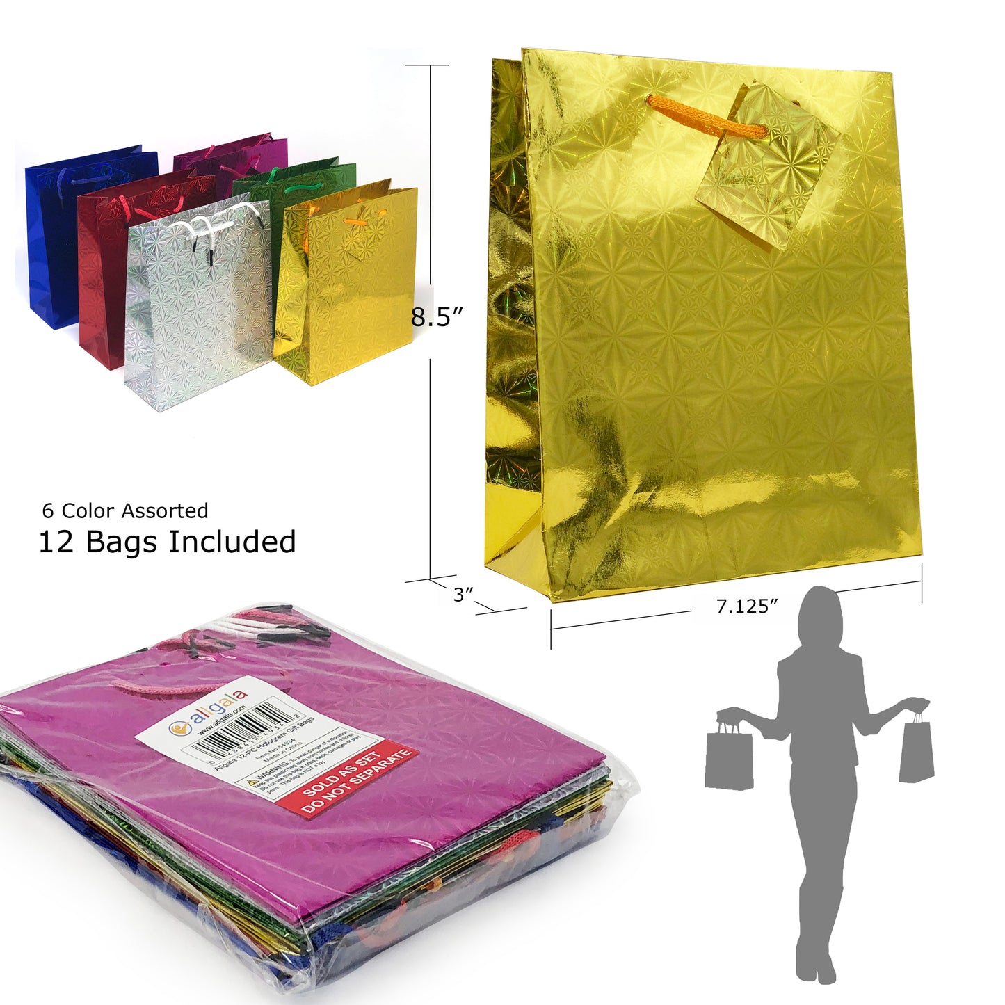 Allgala Gift Bags 12-PC Premium 157GSM Paper Hologram Gift Bags