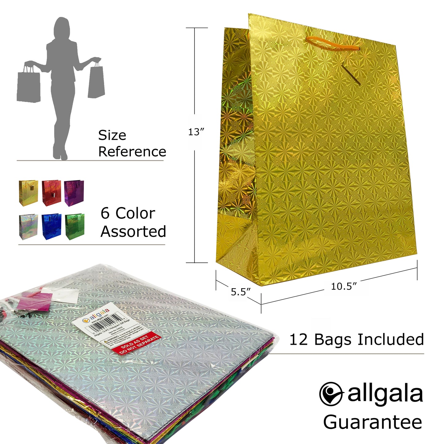 Allgala Gift Bags 12-PC Premium 157GSM Paper Hologram Gift Bags