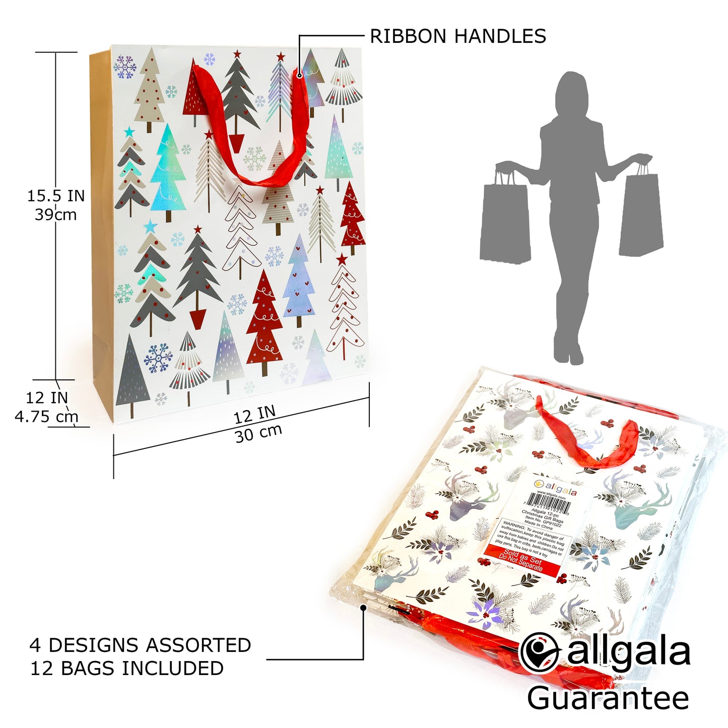 Allgala Gift Bags 12-PC Premium Metallic Foil Hotstamping or Glitter Chritmas Gift Bag