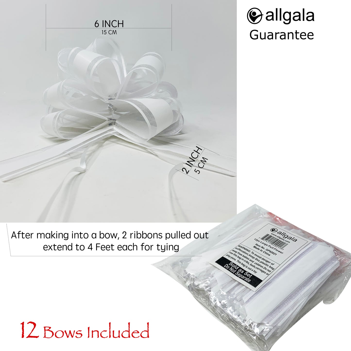 Allgala Pull Bows 12 Pack 6" Large Everyday Gift Wrap Wedding Deco Pull Flower Bows