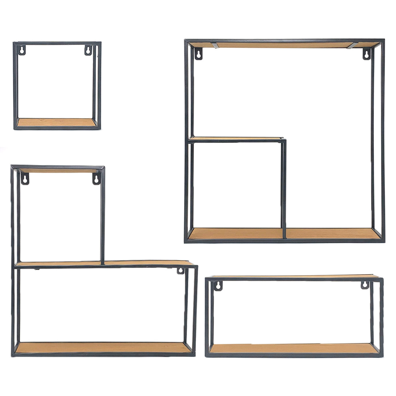 4-PC Set Wall Mount Creativity Black Metal Frame Wood Finish Floating Shelves