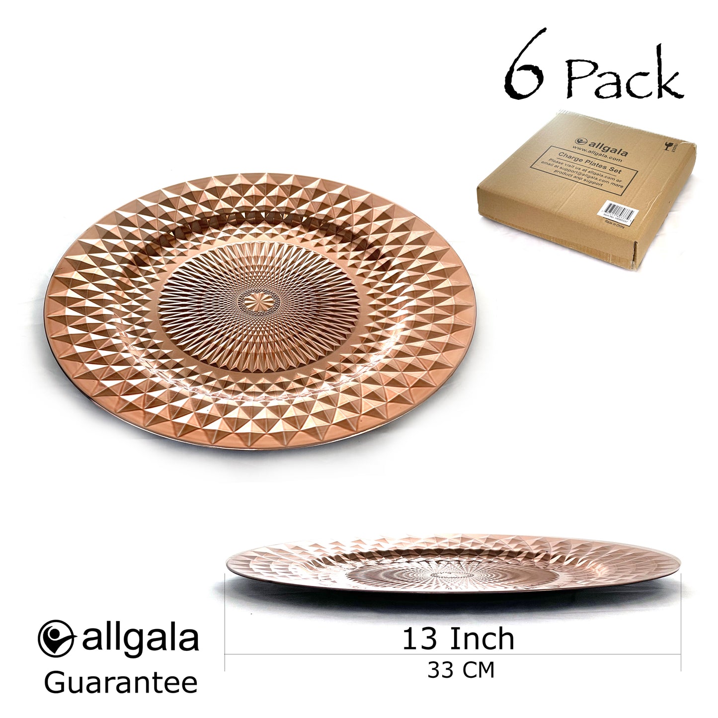Allgala Charger Plates 13-Inch 6-Pack Plastic Diamond Pattern Sparkling Round Charger Plates