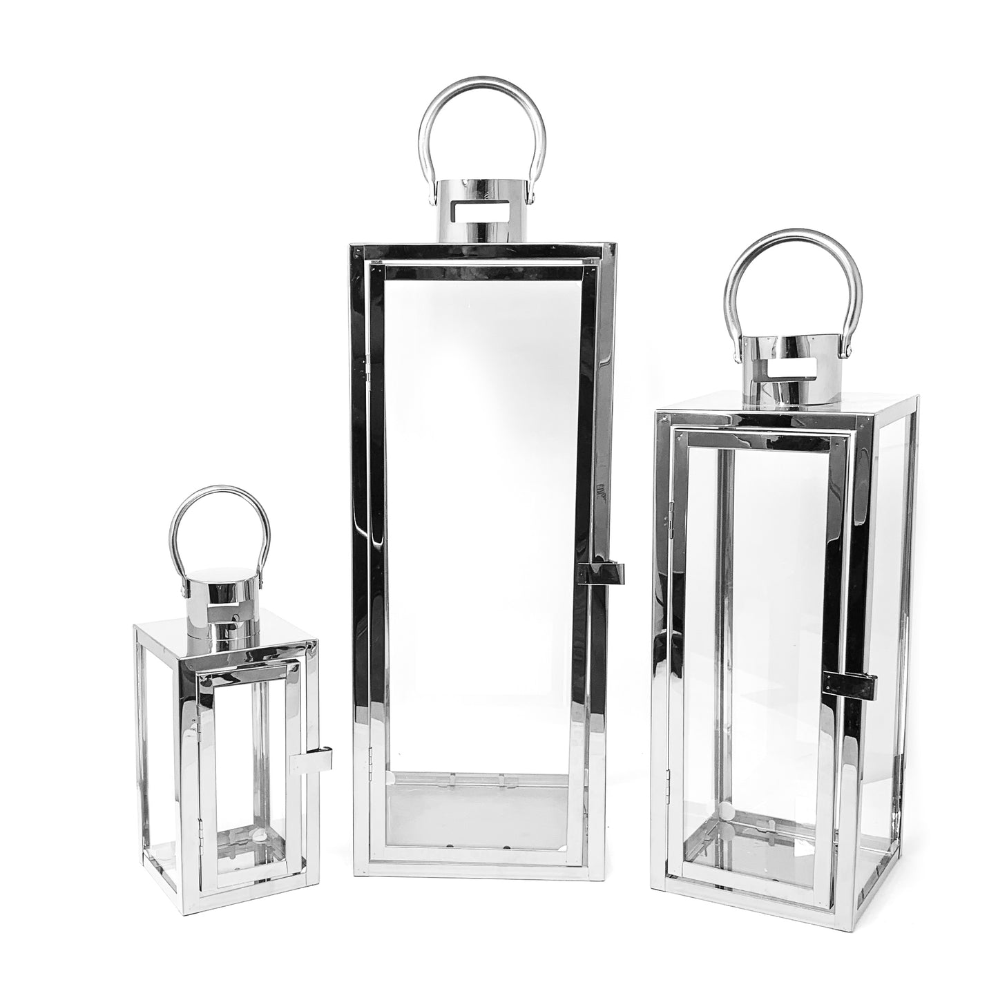 Allgala Lanterns 3-PC Set Jumbo Luxury Modern Indoor/Outdoor Hurricane Candle Lantern Set with Chrome Plated Structure and Tempered Glass-Cuboid