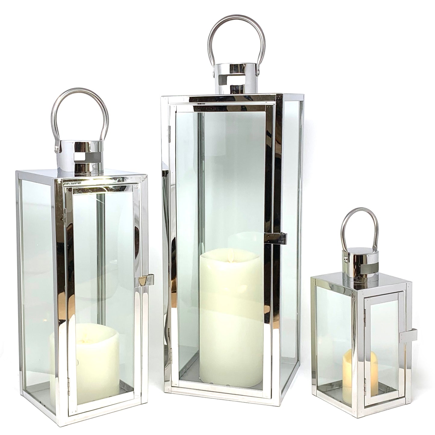 Allgala Lanterns 3-PC Set Jumbo Luxury Modern Indoor/Outdoor Hurricane Candle Lantern Set with Chrome Plated Structure and Tempered Glass-Cuboid