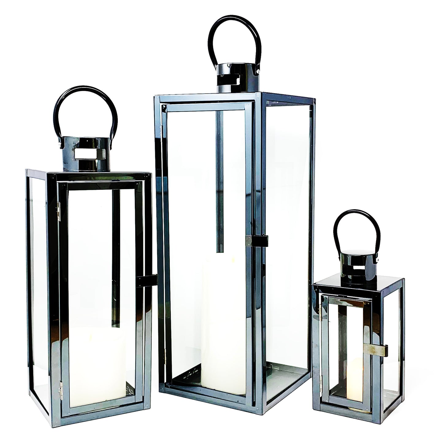 Allgala Lanterns 3-PC Set Jumbo Luxury Modern Indoor/Outdoor Hurricane Candle Lantern Set with Chrome Plated Structure and Tempered Glass-Cuboid