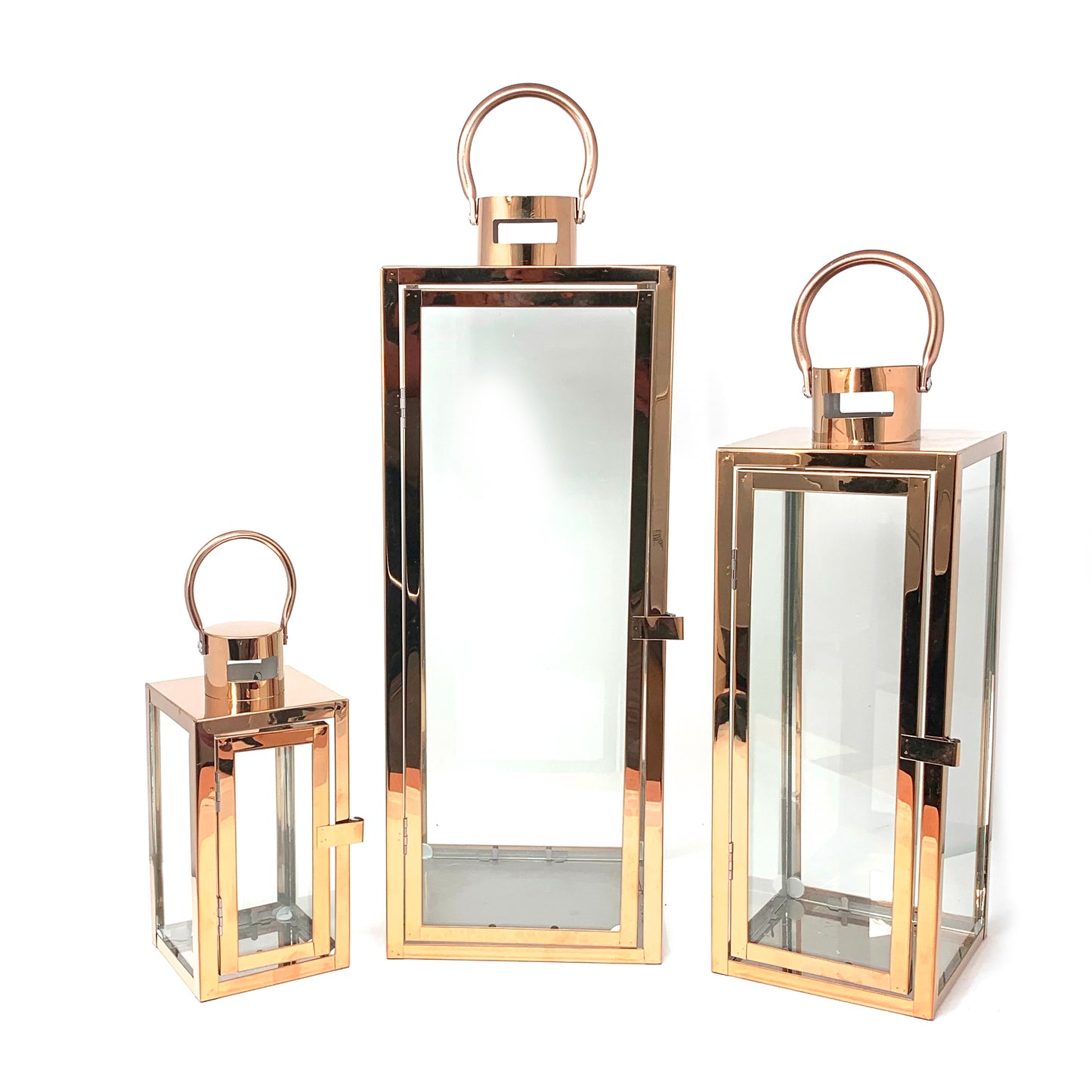 Allgala Lanterns 3-PC Set Jumbo Luxury Modern Indoor/Outdoor Hurricane Candle Lantern Set with Chrome Plated Structure and Tempered Glass-Cuboid