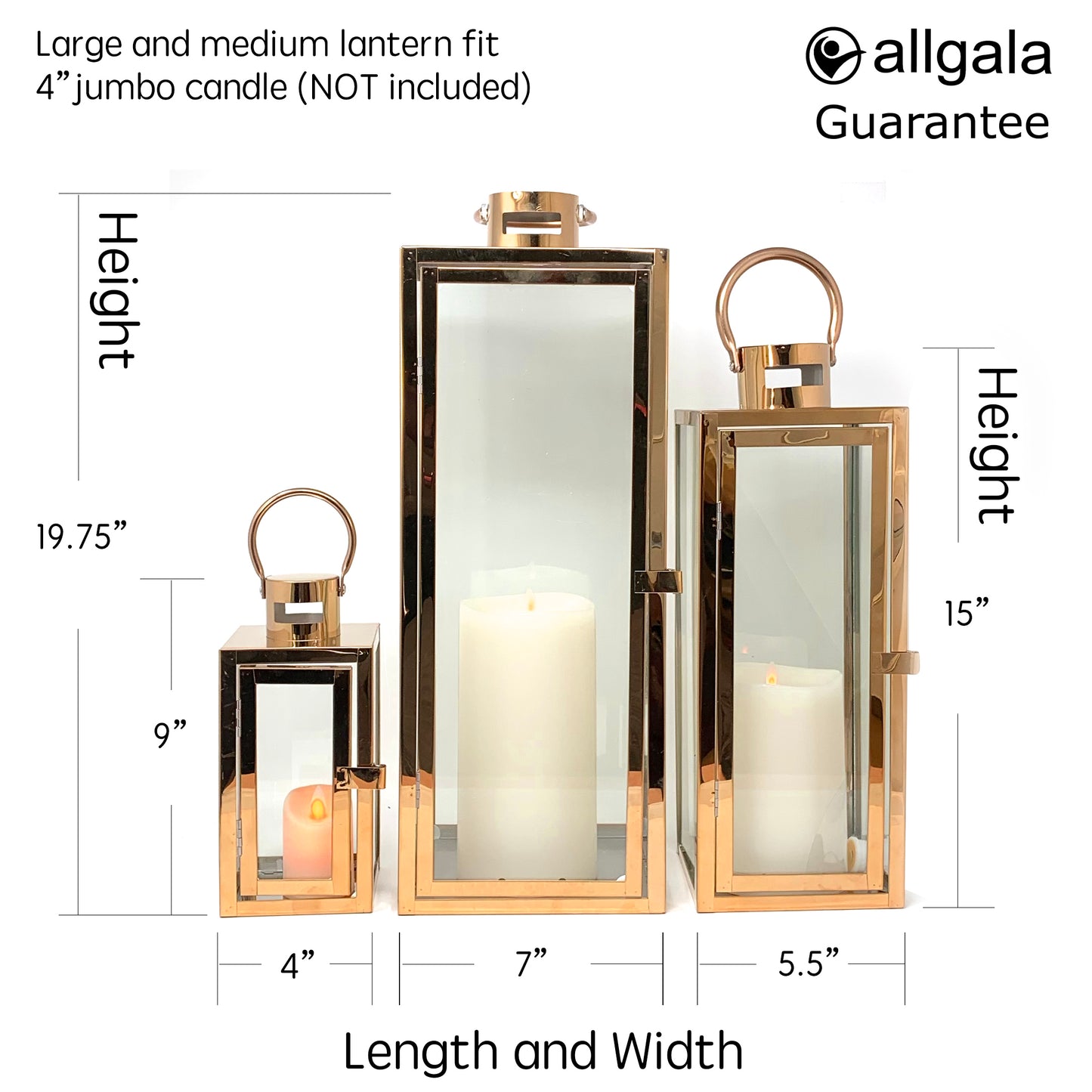 Allgala Lanterns 3-PC Set Jumbo Luxury Modern Indoor/Outdoor Hurricane Candle Lantern Set with Chrome Plated Structure and Tempered Glass-Cuboid