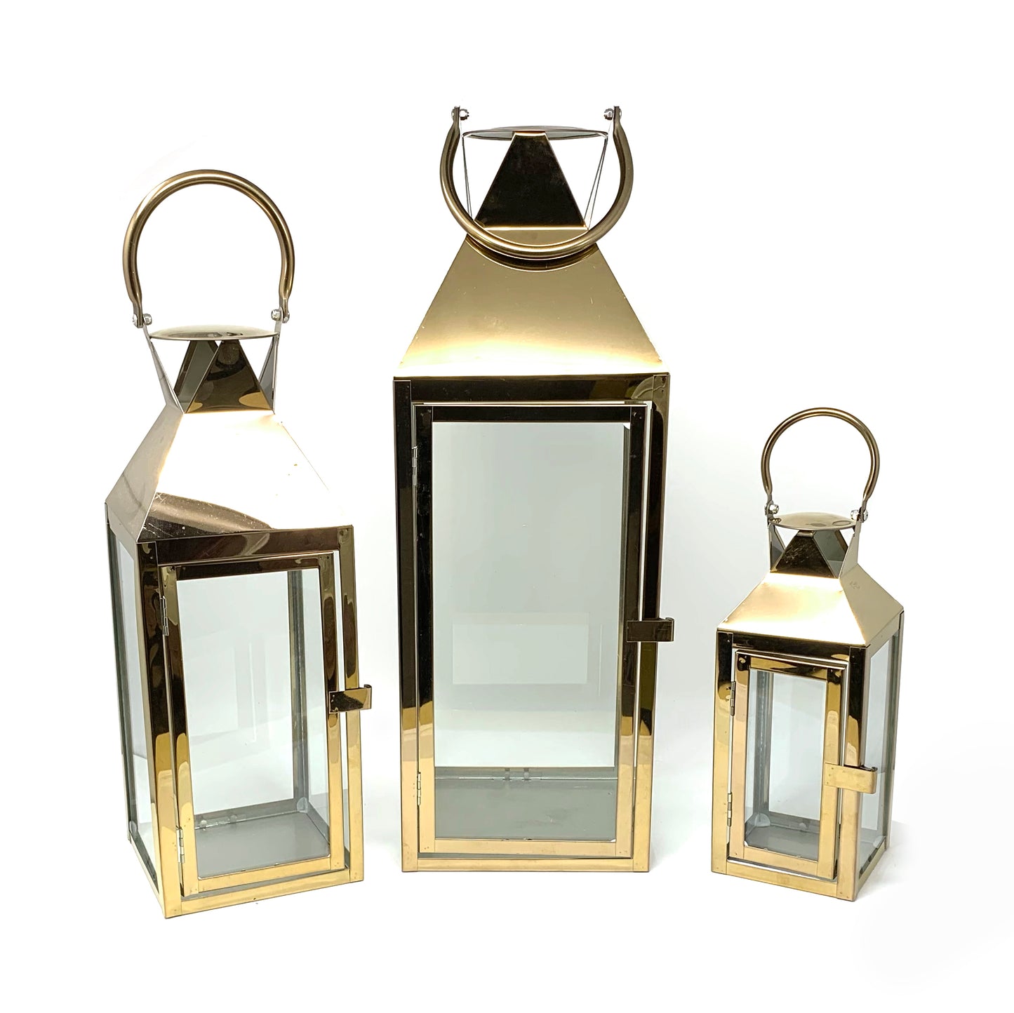 Allgala Lanterns 3-PC Set Jumbo Indoor/Outdoor Hurricane Candle Lantern Set with Chrome Plated Structure and Tempered Glass-Pyramid Top