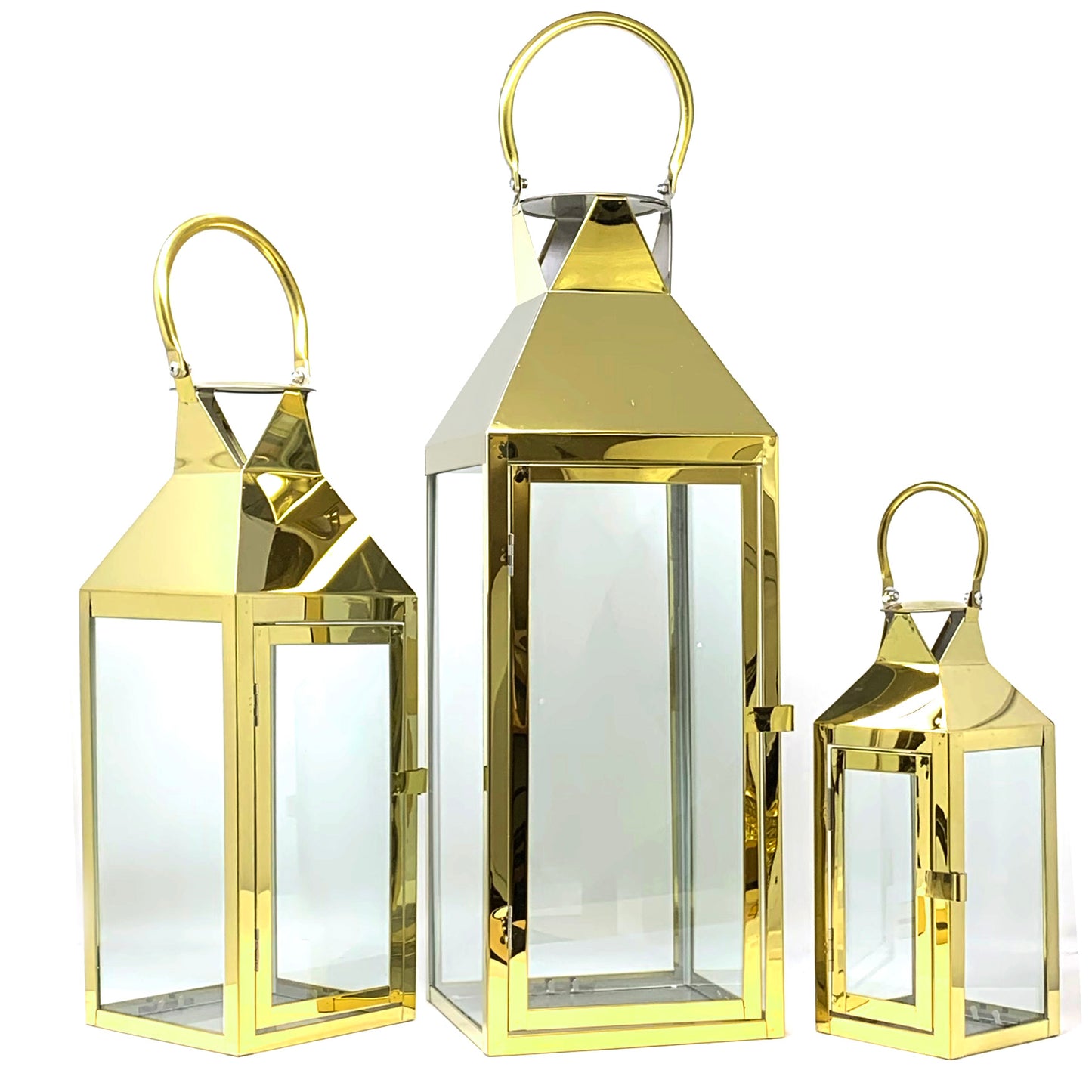 Allgala Lanterns 3-PC Set Jumbo Indoor/Outdoor Hurricane Candle Lantern Set with Chrome Plated Structure and Tempered Glass-Pyramid Top