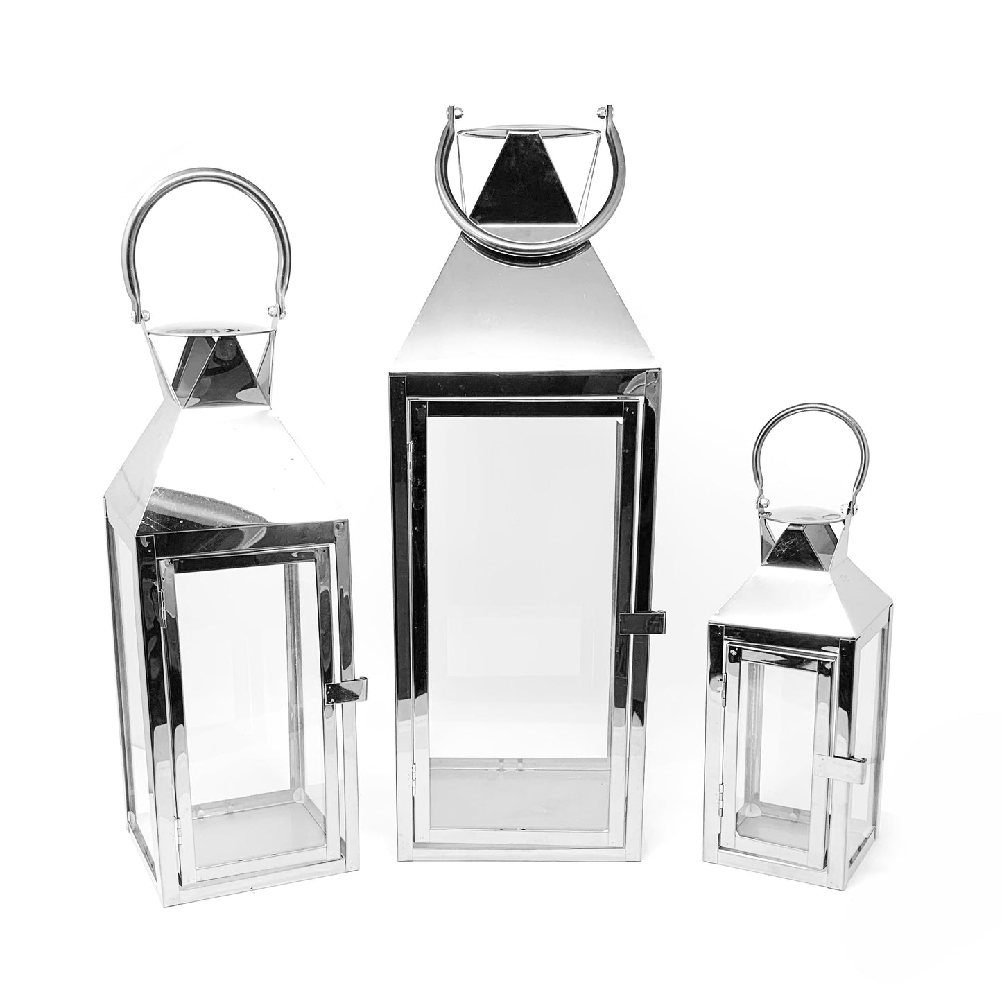 Allgala Lanterns 8 SET 3-PC Set Jumbo Indoor/Outdoor Hurricane Candle Lantern Set with Chrome Plated Structure and Tempered Glass-Pyramid Top
