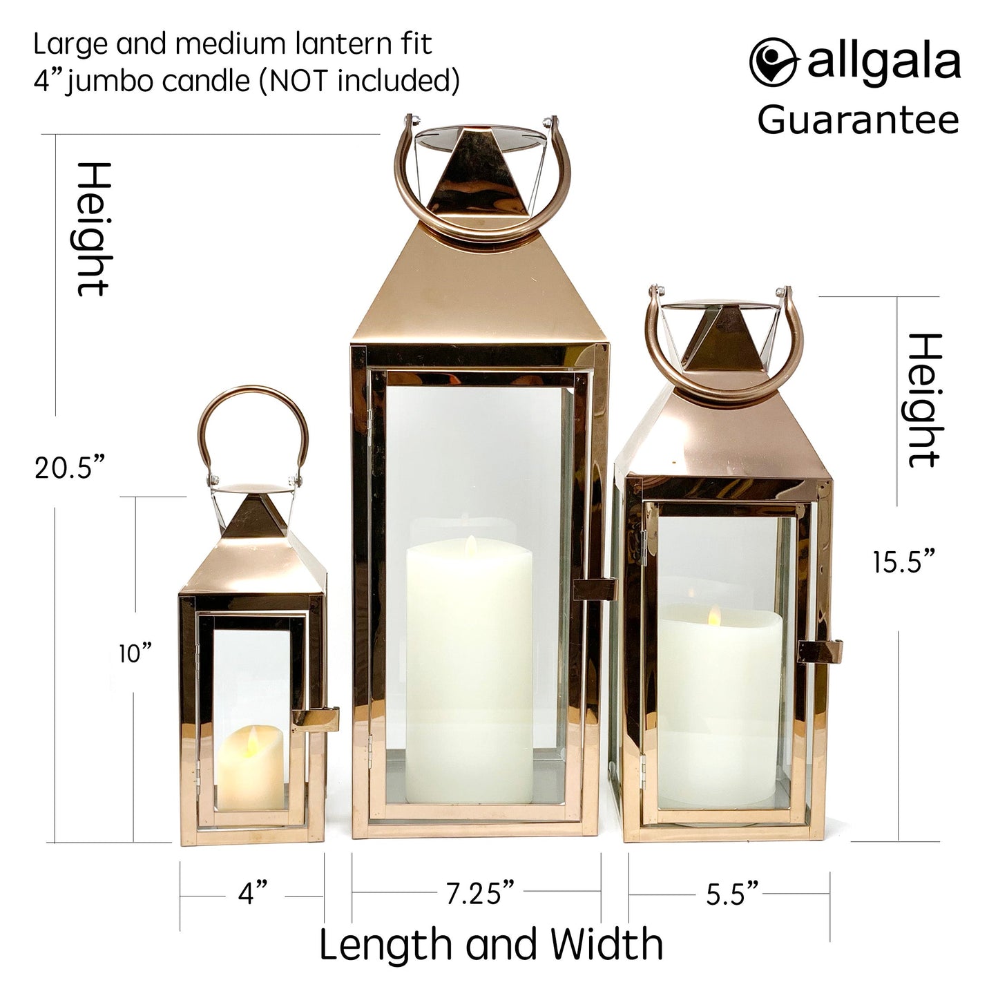 Allgala Lanterns 8 SET 3-PC Set Jumbo Indoor/Outdoor Hurricane Candle Lantern Set with Chrome Plated Structure and Tempered Glass-Pyramid Top