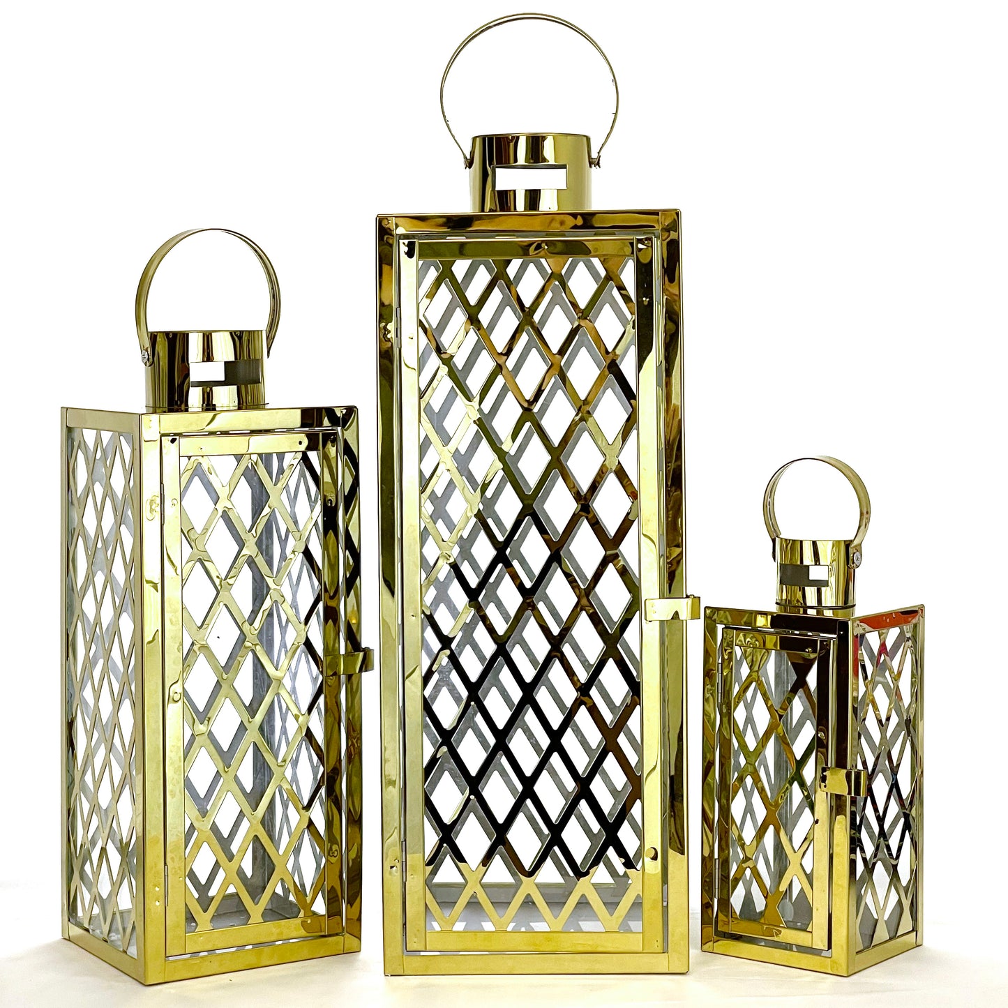 Allgala Lantern Set 3-PC Set Jumbo Luxury Modern Indoor/Outdoor Hurricane Candle Lantern Set with Chrome Plated Structure and Tempered Glass-Diamond Gold-HD88051