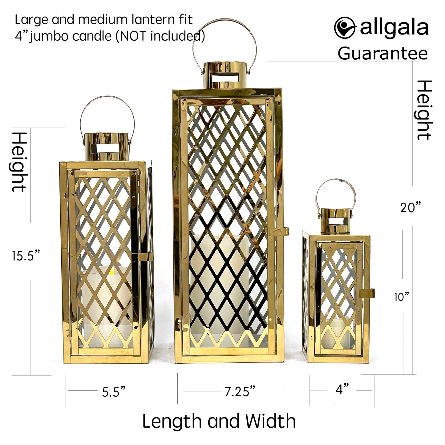 Allgala Lantern Set 3-PC Set Jumbo Luxury Modern Indoor/Outdoor Hurricane Candle Lantern Set with Chrome Plated Structure and Tempered Glass-Diamond Gold-HD88051