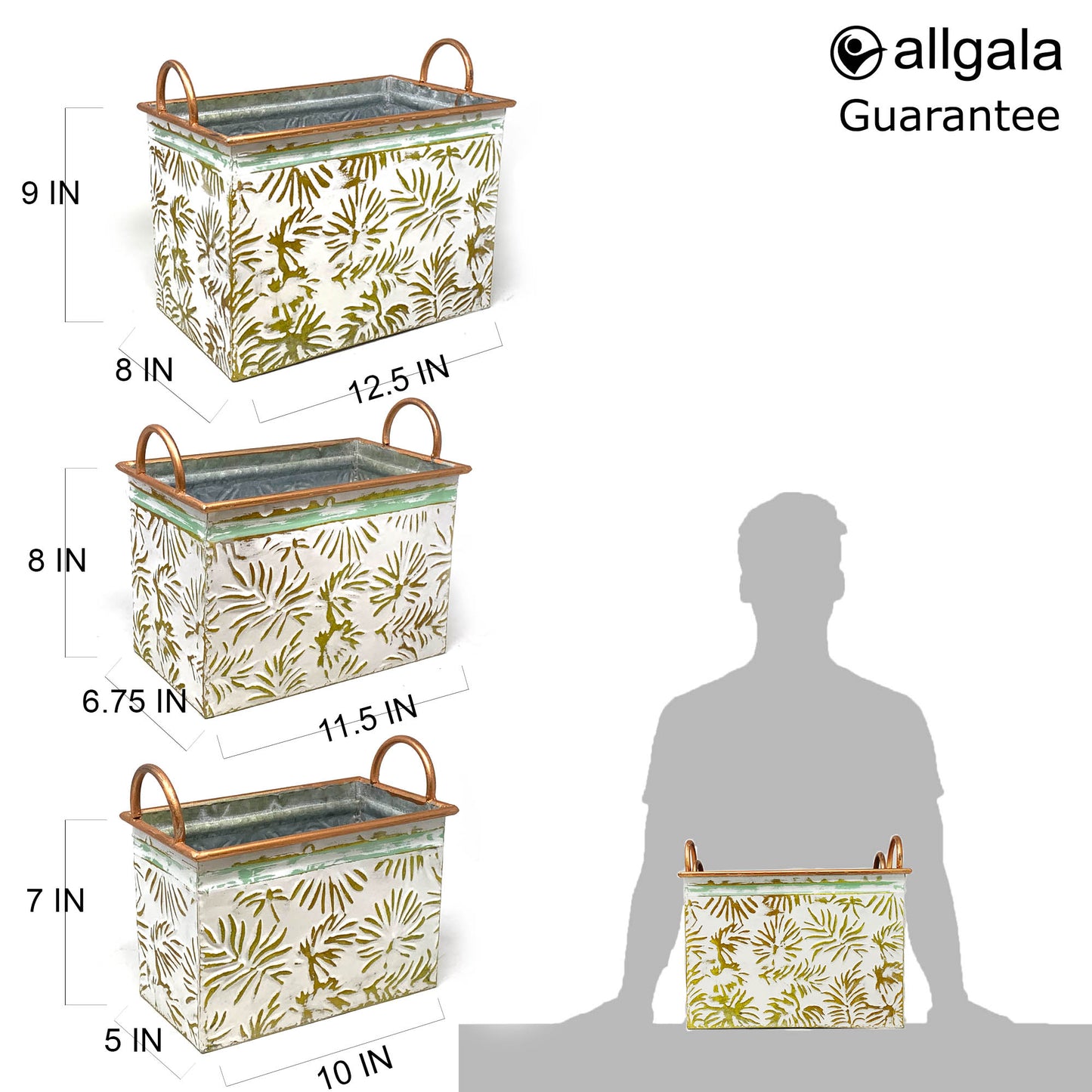 Allgala Planter Pot 3-PC Set Gold Leaf Design Rectangle Planter Pots